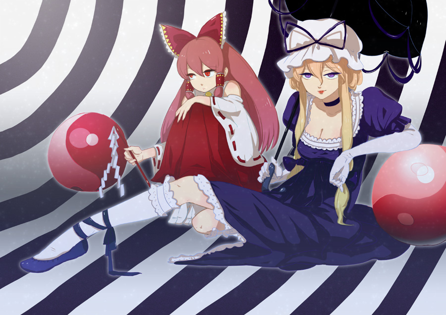 ameko, hakurei reimu, yakumo yukari, touhou, 2girls, blonde hair, blue eyes, breasts, brown hair, choker, cleavage, detached sleeves, female focus, hat, long hair, long sleeves, looking at viewer, mob cap, multiple girls, orb, ponytail, ribbon-trimmed sleeves, ribbon trim, very long hair, yin yang