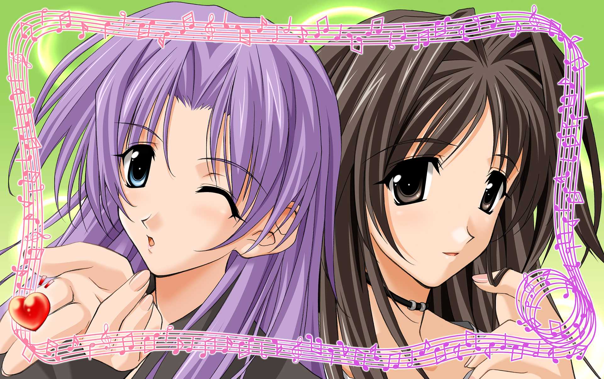 shirakawa shizuru, memories off, memories off 2nd, highres, non-web source, official art, blowing kiss, blush, brown hair, green background, long hair, looking at viewer, memories off 1, musical note, one eye closed, open mouth, purple hair, smile