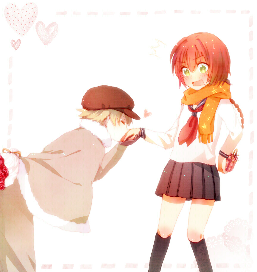 nuka (nukamochi), july (darker than black), suou pavlichenko, darker than black, bad id, bad pixiv id, blush, bouquet, braid, flower, gift, green eyes, hat, heart, kiss, kissing hand, kneehighs, red hair, scarf, school uniform, single braid, skirt, socks, surprised, sweat