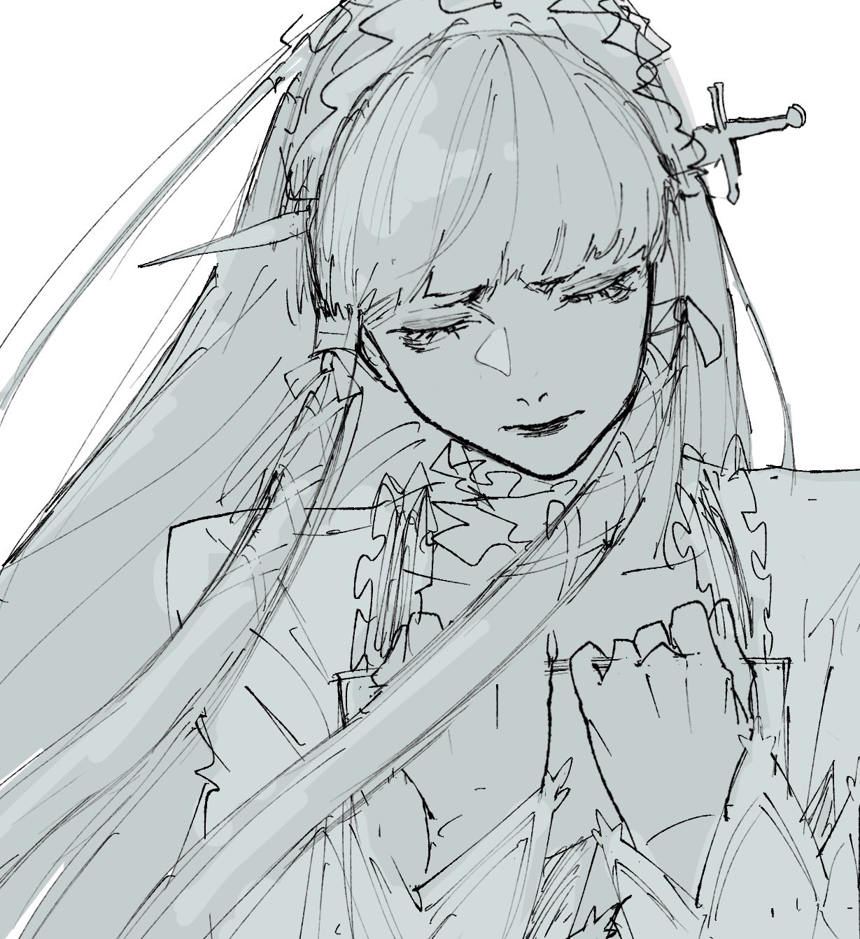 yoshino chidori, persona, persona 3, persona 3 reload, highres, 1girl, aakaaka78910, blunt bangs, collar, dress, frilled collar, frilled hairband, frills, gothic lolita, hair ribbon, hairband, holding, lolita fashion, long hair, long sleeves, object through head, ribbon, sidelocks, simple background, sketchbook, solo, sword in head, white dress, white ribbon