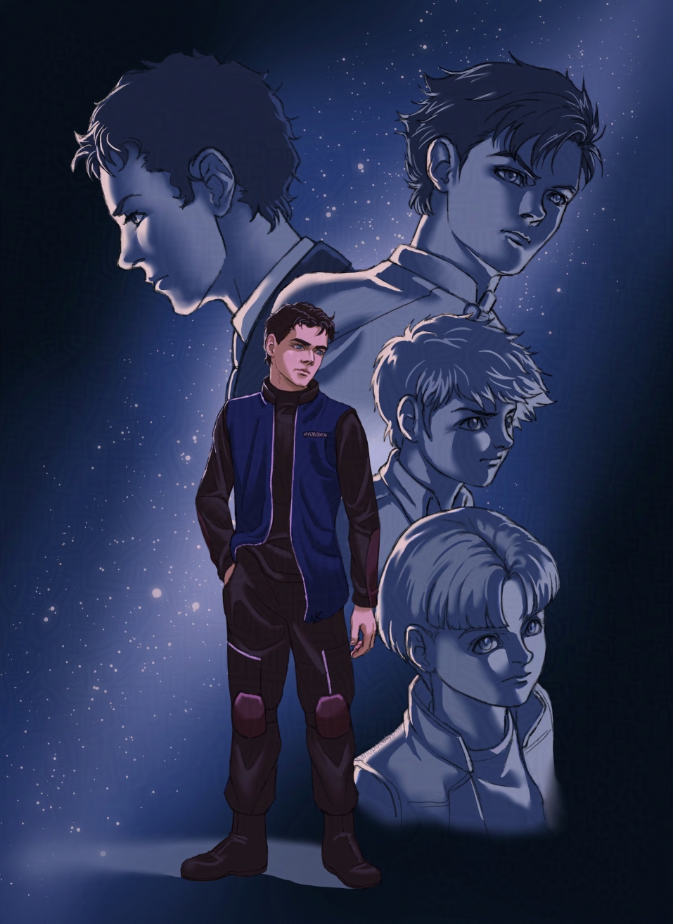 nanopocalypse, hathaway noa, seabook arno, tobia arronax, uso ewin, crossbone gundam, gundam, gundam f91, gundam g-saviour, gundam hathaway's flash, victory gundam, commentary, english commentary, highres, magazine scan, mixed-language commentary, official art, promotional art, scan, 1990s (style), 2000s (style), 5boys, age difference, anniversary, mark curran, military uniform, multiple boys, multiple girls, nebula, retro artstyle, science fiction, space, star (sky), western comics (style)