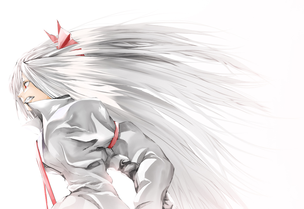 shihara yoshihito, fujiwara no mokou, touhou, looking away, silver hair, bad id, bad pixiv id, 1girl, arm strap, bow, clenched teeth, female focus, from side, hair bow, long hair, long sleeves, popped collar, profile, shirt, solo, suspenders, teeth, white shirt, white theme