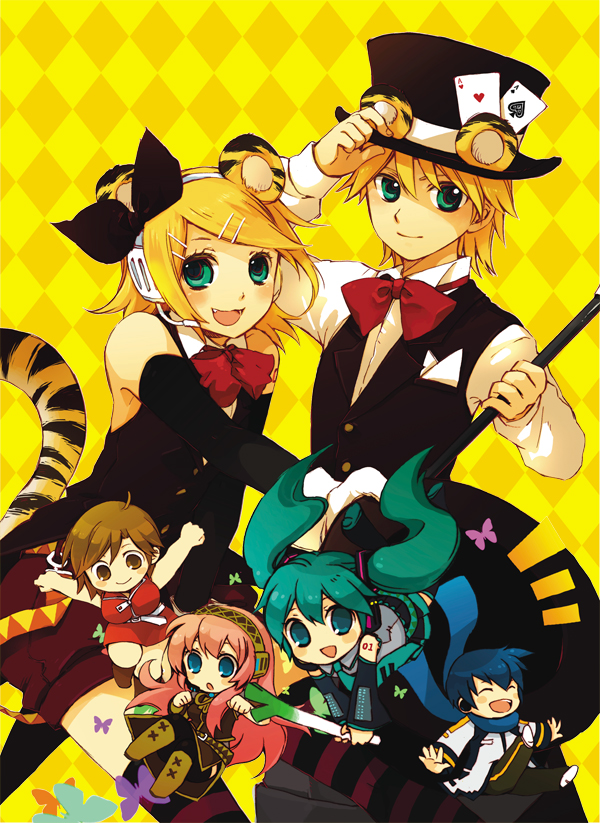 yukkii, hatsune miku, kagamine len, kagamine rin, kaito (vocaloid), megurine luka, meiko (vocaloid), vocaloid, 2boys, 4girls, animal ears, aqua eyes, argyle background, argyle clothes, blonde hair, chibi, fang, formal clothes, hair ornament, hair ribbon, hairclip, hat, headphones, headset, multiple boys, multiple girls, ribbon, short hair, siblings, smile, suit, tail, tiger ears, tiger tail, top hat, twins, yellow background