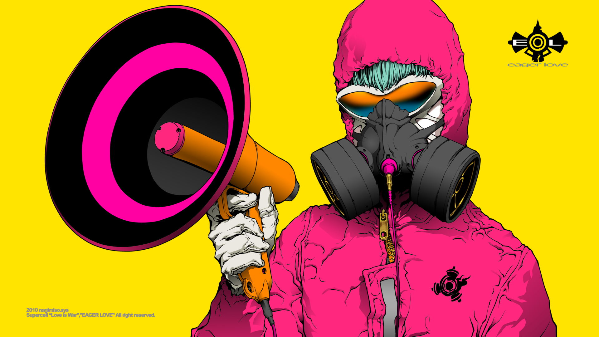nagimiso, hatsune miku, koi wa sensou (vocaloid), vocaloid, highres, 1girl, aqua hair, female focus, gas mask, goggles, hood, hooded jacket, jacket, mask, megaphone, respirator, simple background, solo