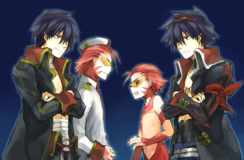 kuroemon, boota (ttgl), garlock simon, simon (ttgl), tengen toppa gurren lagann, 00s, 4boys, aged down, aged up, bandages, coat, core drill, crossed arms, drill, dual persona, goggles, goggles on head, gradient background, hat, male focus, multiple boys, personification, sarashi, time paradox, trench coat, white background