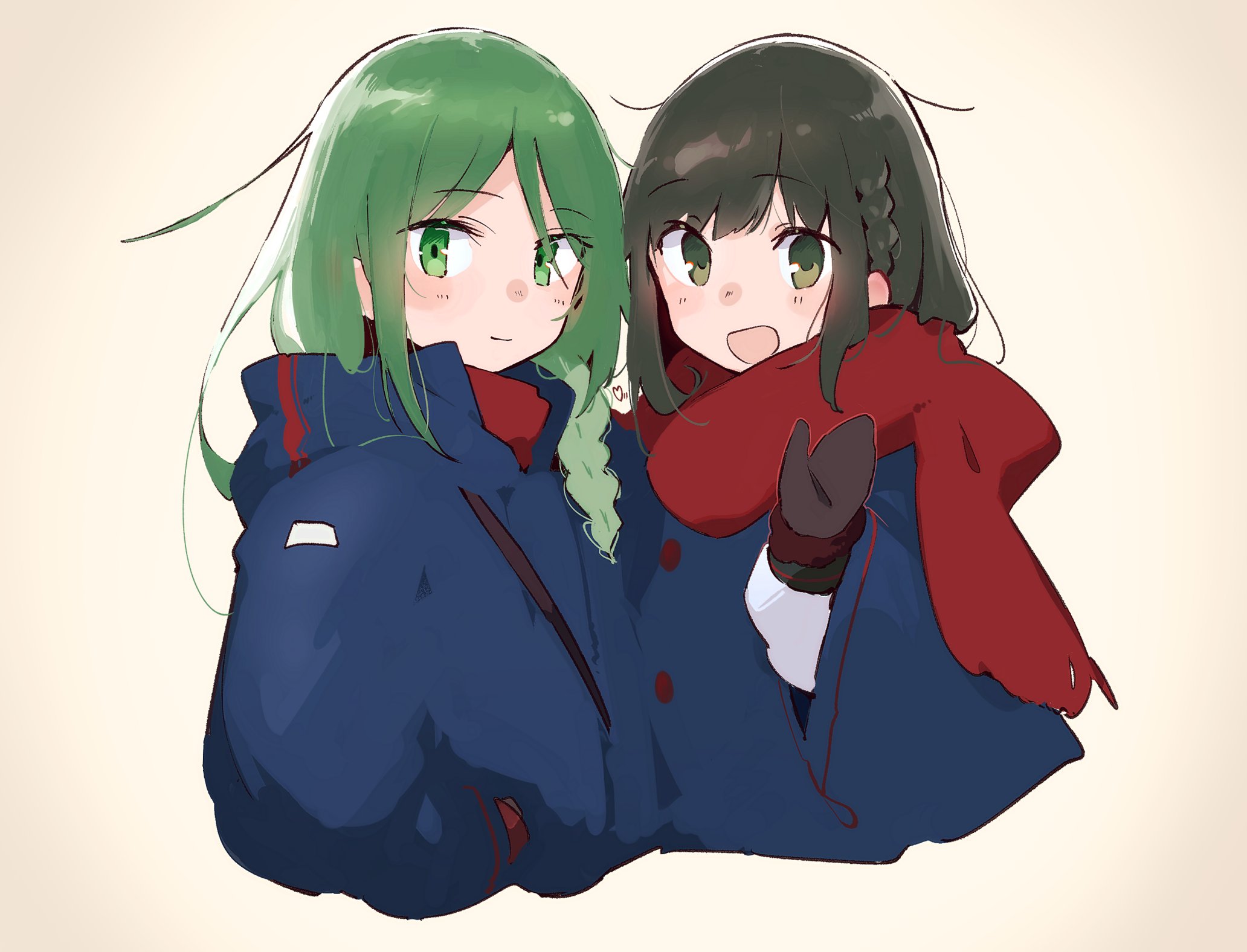 ma rukan, fubuki (kancolle), nagatsuki (kancolle), kantai collection, commentary, highres, symbol-only commentary, 2girls, :d, alternate costume, blue coat, blush, braid, brown hair, brown mittens, coat, cropped torso, gradient background, green eyes, hair over shoulder, hand in pocket, long hair, long sleeves, mittens, multiple girls, open mouth, parted bangs, red scarf, scarf, sidelocks, signature, simple background, single braid, smile, upper body, waving, winter clothes, yellow background