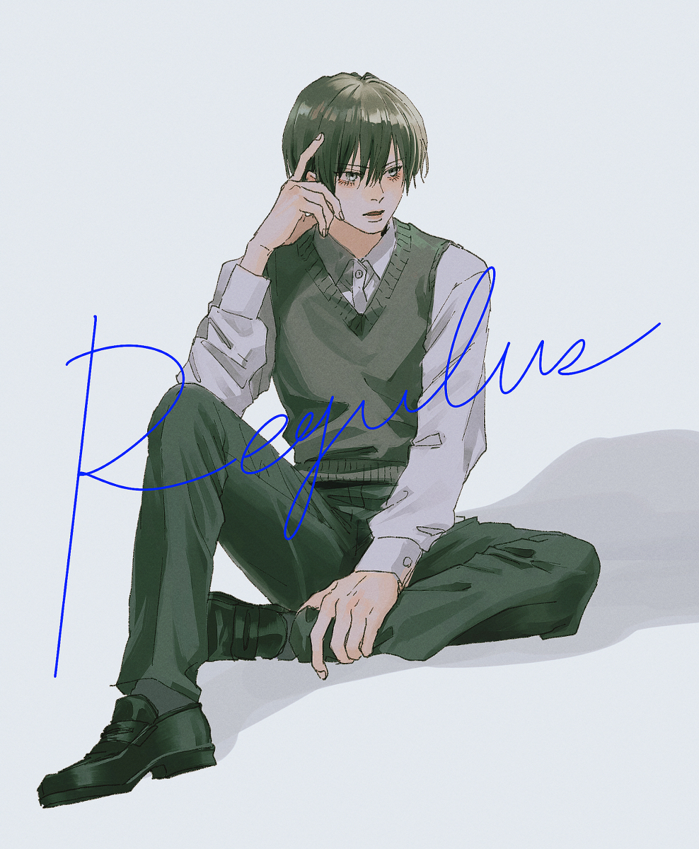 kurosujuu, regulus black, harry potter (series), wizarding world, 1boy, black hair, black pants, black shoes, character name, collar, eyelashes, full body, grey eyes, hair between eyes, hand on own head, hand on own leg, looking to the side, male focus, pants, shirt, shoes, short hair, sitting, solo, sweater vest, vest, wing collar
