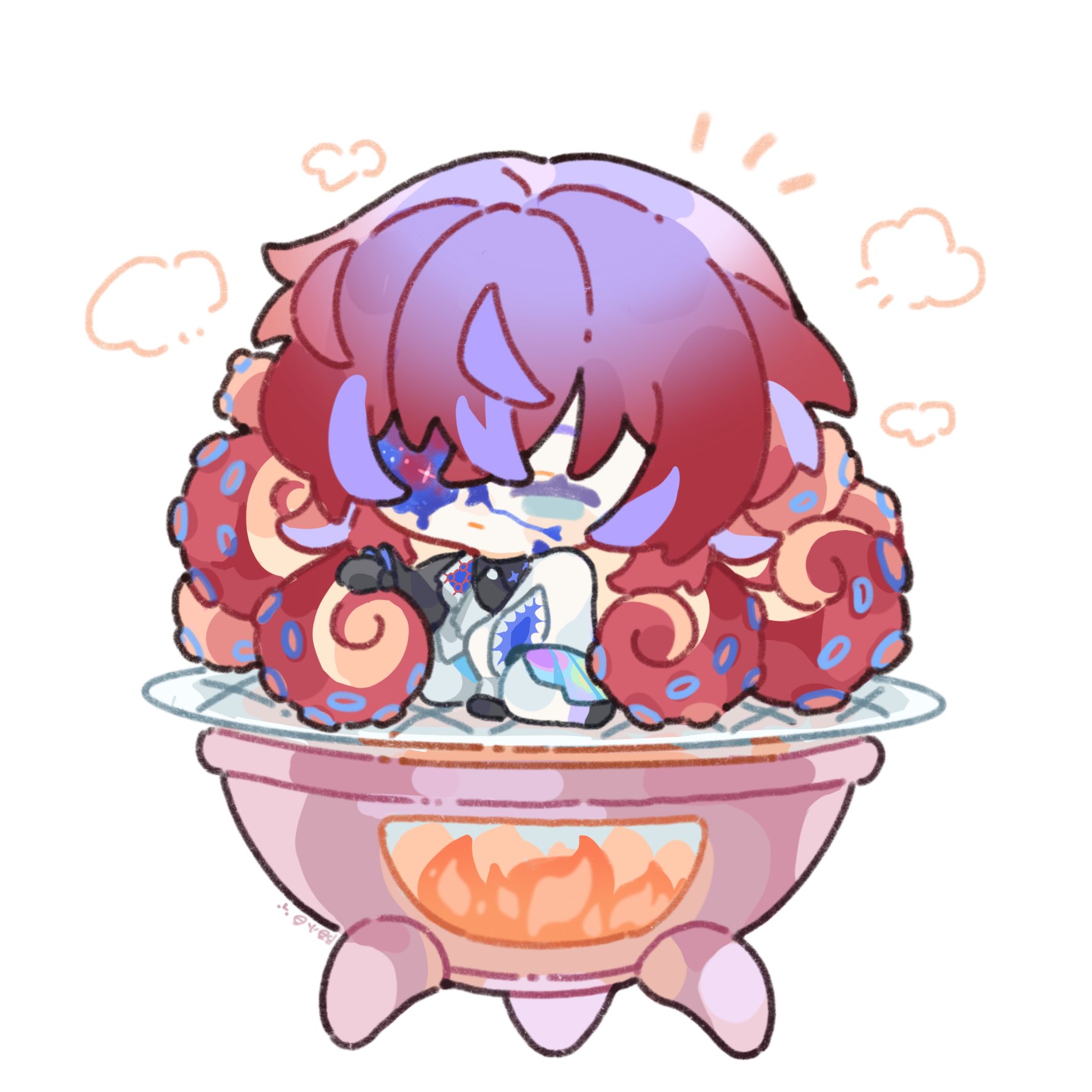 shuxingbuming moxiaobai, hoshirube sho, hoshirube sho (1st costume), nijisanji, commentary, highres, 1boy, alternate hair color, artist name, black shirt, coat, colored tips, cooking pot, cracked skin, extra ears, fire, frown, galaxy, green eyes, grill, hollow body, in pot, long hair, looking at viewer, male focus, multicolored hair, notice lines, pants, purple hair, red hair, shirt, simple background, solo, tentacle hair, very long hair, virtual youtuber, visible air, white background, white coat, white pants