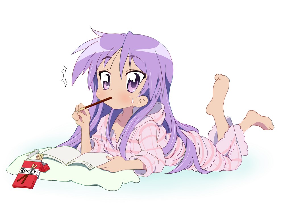 tyke, hiiragi kagami, lucky star, md5 mismatch, resolution mismatch, source larger, 00s, 1girl, ^^^, alternate hairstyle, barefoot, book, brand name imitation, collarbone, eating, feet, female focus, food, hair down, long hair, lying, on stomach, pajamas, pillow, pocky, purple eyes, purple hair, solo, surprised, sweatdrop, tsurime