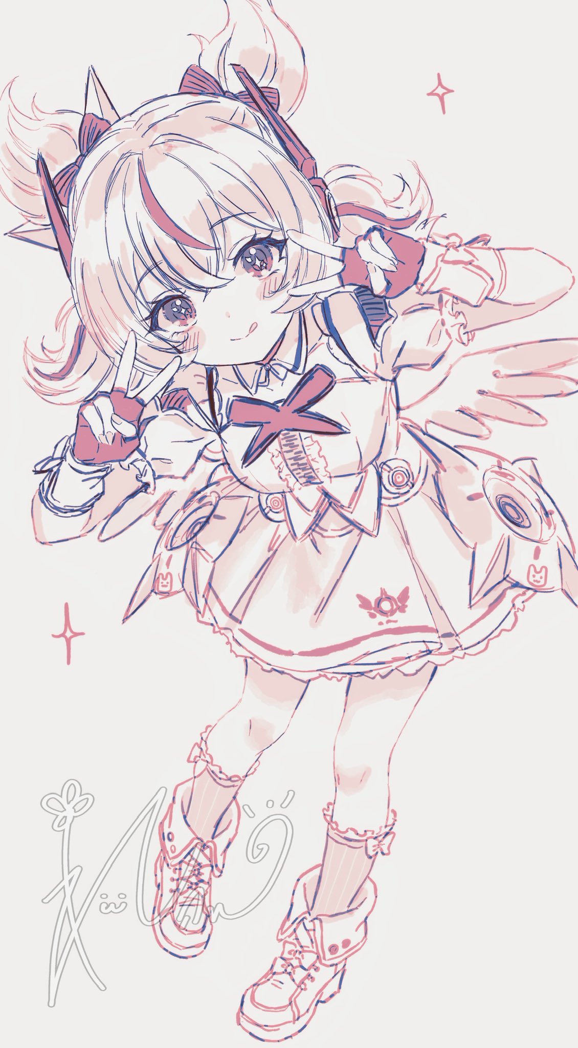 ichiya refi, aria (zenless zone zero), zenless zone zero, commentary, highres, symbol-only commentary, 1girl, black bow, blush, bow, center frills, collarbone, crossed bangs, detached collar, double v, dress, fingerless gloves, frills, gloves, grey background, hair between eyes, hair bow, leaning forward, looking at viewer, simple background, solo, sparkle, sparkling eyes, tongue, tongue out, v, white dress, white wings, wings