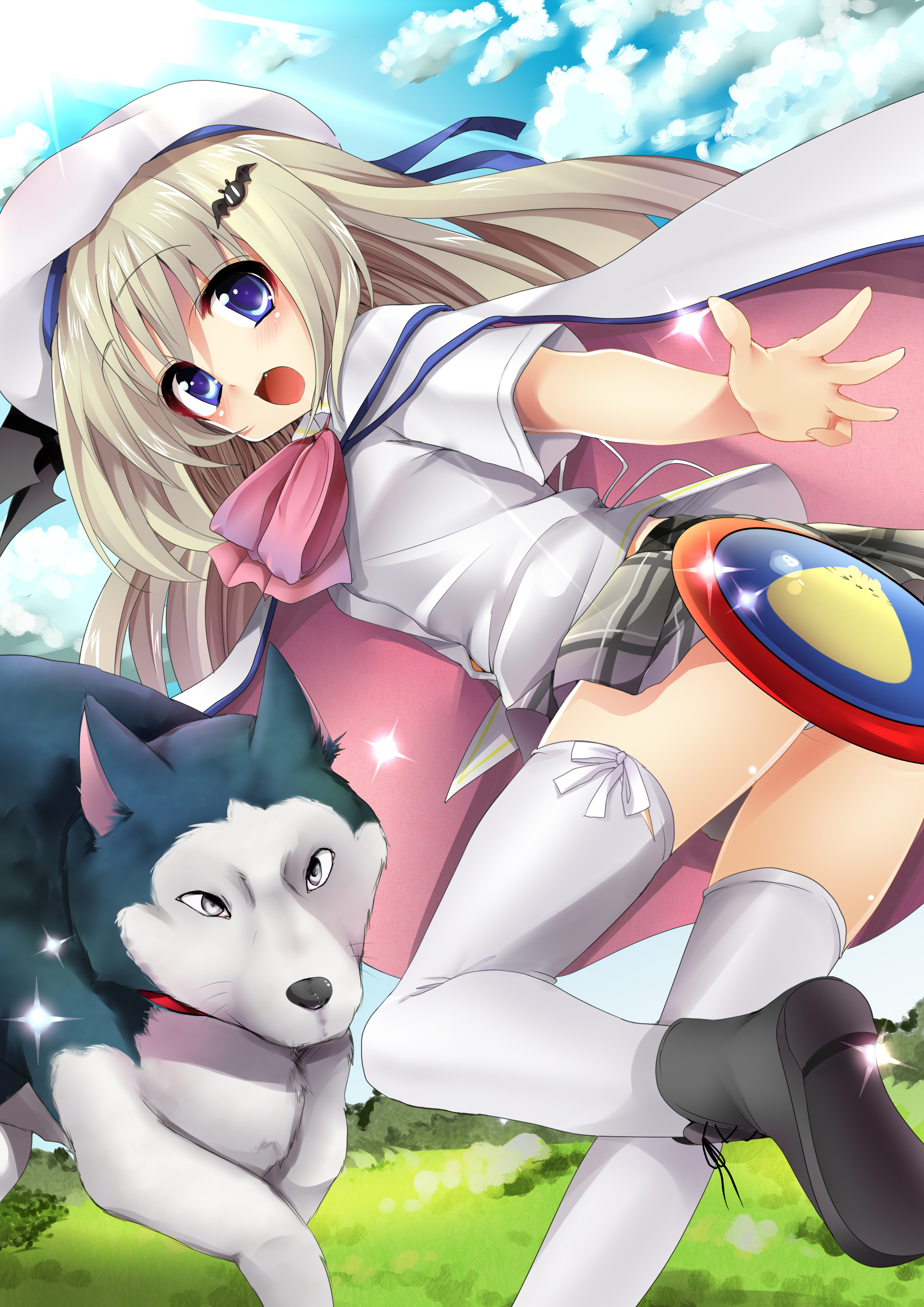 masayu, noumi kudryavka, strelka (little busters!), little busters!, absurdres, highres, 1girl, blonde hair, blue eyes, boots, bow, cape, censored, convenient censoring, dog, fang, female focus, frisbee, hat, lace-up boots, long hair, panties, pantyshot, pink bow, plaid clothes, plaid skirt, school uniform, skirt, solo, thighhighs, underwear, white thighhighs