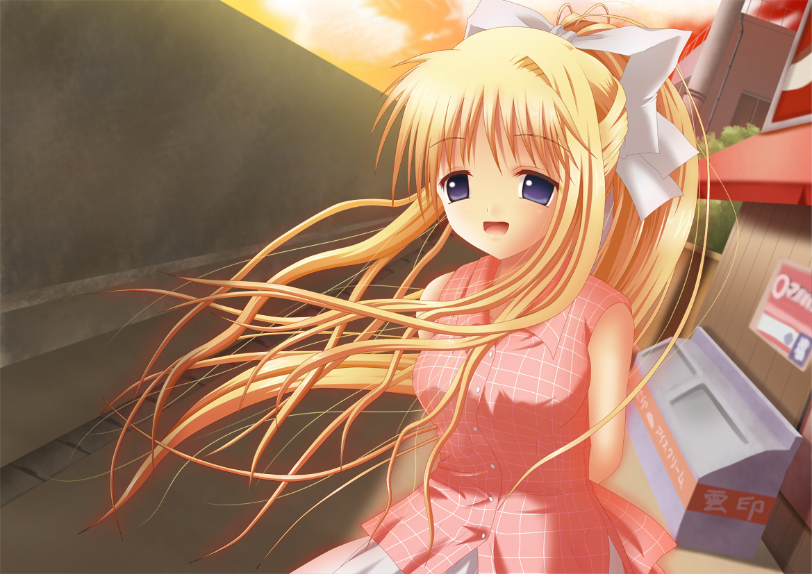 yuzuki karin, kamio misuzu, air (visual novel), 00s, blonde hair, blue eyes, casual, dutch angle, long hair, ponytail