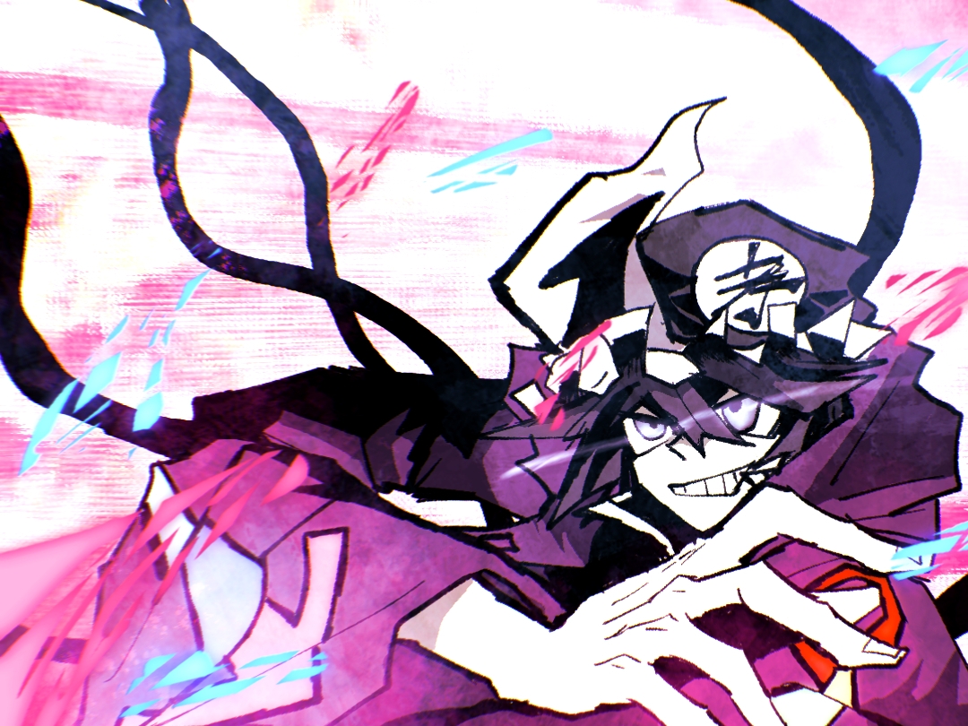 shi tong, shitodo kuroji, len'en, chinese commentary, commentary request, 1other, androgynous, arrow print, black shirt, cable, collared shirt, fighting stance, fingernails, frilled headwear, glowing, glowing eyes, grin, hair between eyes, hand on own arm, hat, hood, hood down, hooded jacket, jacket, leaning forward, long sleeves, looking ahead, magic, mob cap, open clothes, open jacket, other focus, outstretched arm, pink background, pointy nose, print jacket, purple eyes, purple hair, purple hat, purple jacket, shirt, short hair, smile, smug, solo, triangular headpiece, two-tone background, upper body, white background, wide sleeves