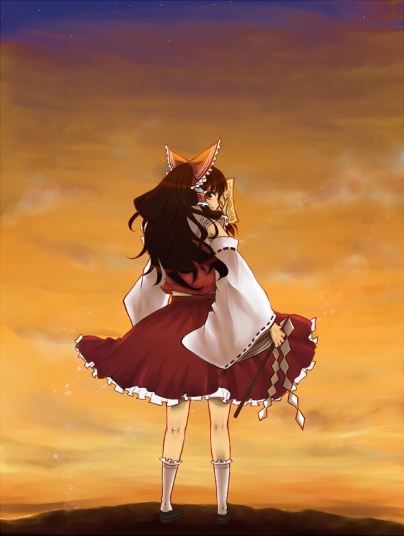 itu, hakurei reimu, touhou, bad id, bad pixiv id, 1girl, back, brown hair, female focus, gohei, gradient background, hair ribbon, japanese clothes, long hair, looking back, miko, ofuda, outdoors, ribbon, skirt, sky, socks, solo, standing, wide sleeves