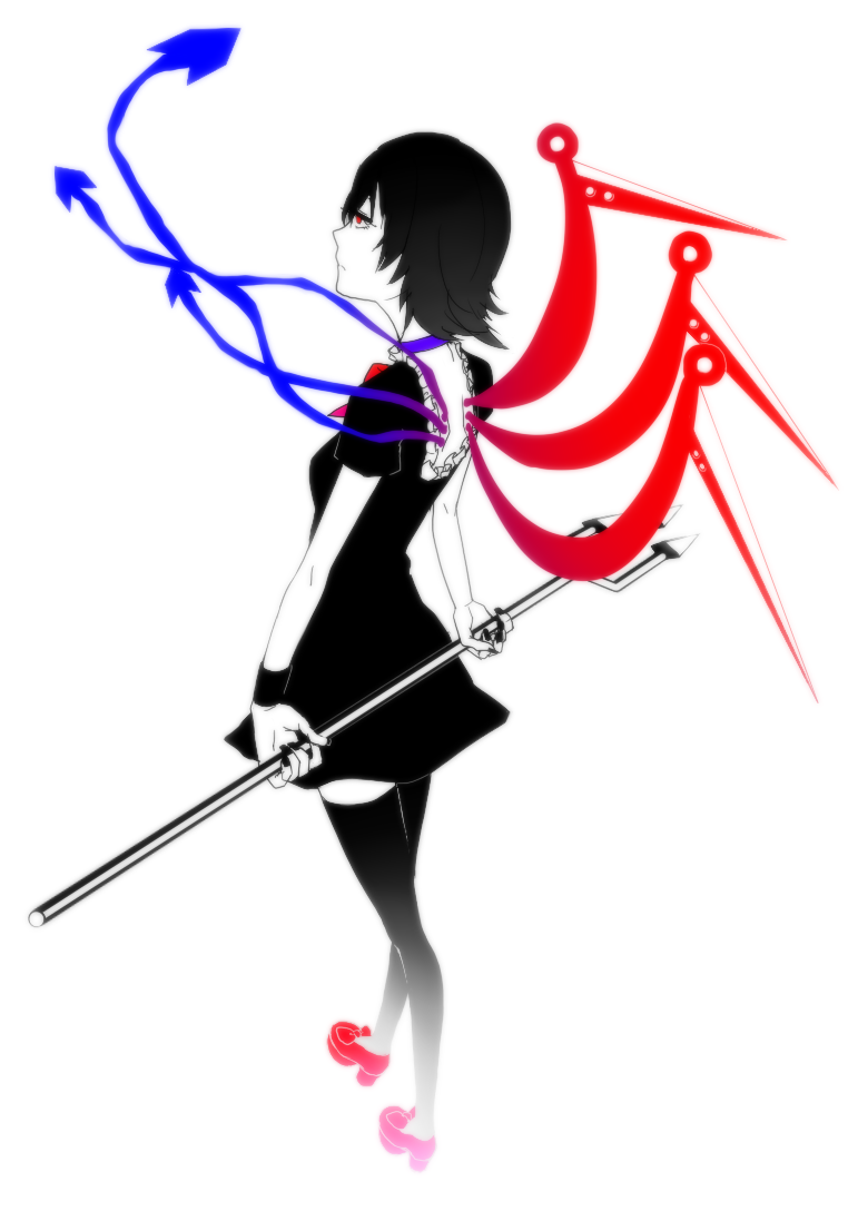 rim74, houjuu nue, touhou, bad id, bad pixiv id, 1girl, back, black thighhighs, female focus, frills, from above, full body, pale skin, partially colored, polearm, shoes, short hair, short sleeves, simple background, solo, thighhighs, weapon, white background, wings, zettai ryouiki