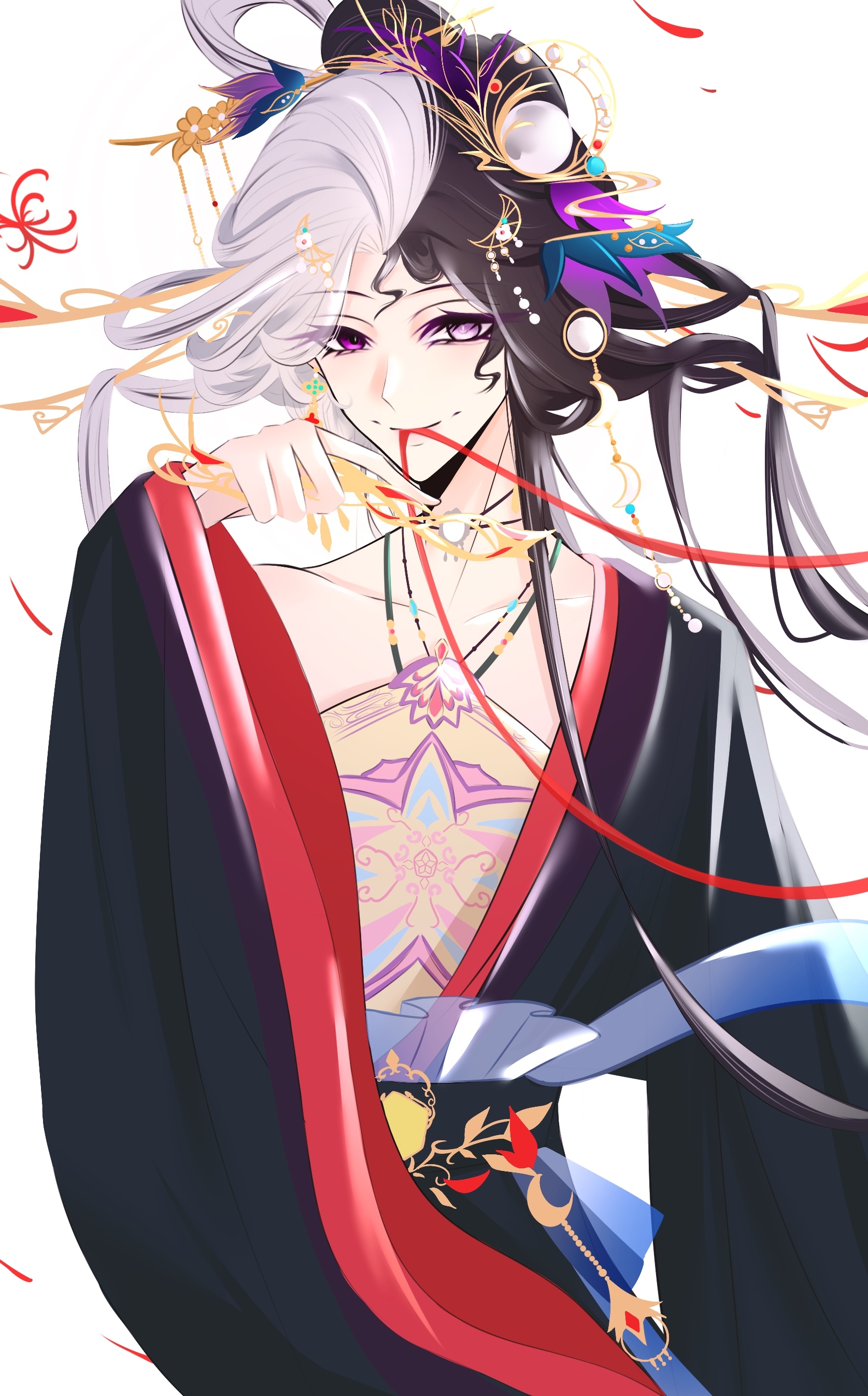 infinity nikki, nikki (series), absurdres, chinese commentary, commentary request, highres, 1girl, beads, black hair, black robe, bow-shaped hair, bright pupils, chinese clothes, chinese hairpin, closed mouth, collarbone, cowboy shot, crescent, crescent hair ornament, dress, eyelashes, feather hair ornament, feathers, hair beads, hair ornament, hair rings, hairpin, happy, heterochromia, holding, jewelry, long sidelocks, long sleeves, looking at viewer, mismatched pupils, multicolored hair, multiple hairpins, necklace, pink eyes, purple eyes, robe, sidelocks, simple background, single bare shoulder, smile, solo, split-color hair, standing, strapless, strapless dress, tsurime, tuantuan zai ban lan, two-tone hair, where wanxiang weaves (infinity nikki), white background, white hair, white pupils, wide sleeves, yellow dress