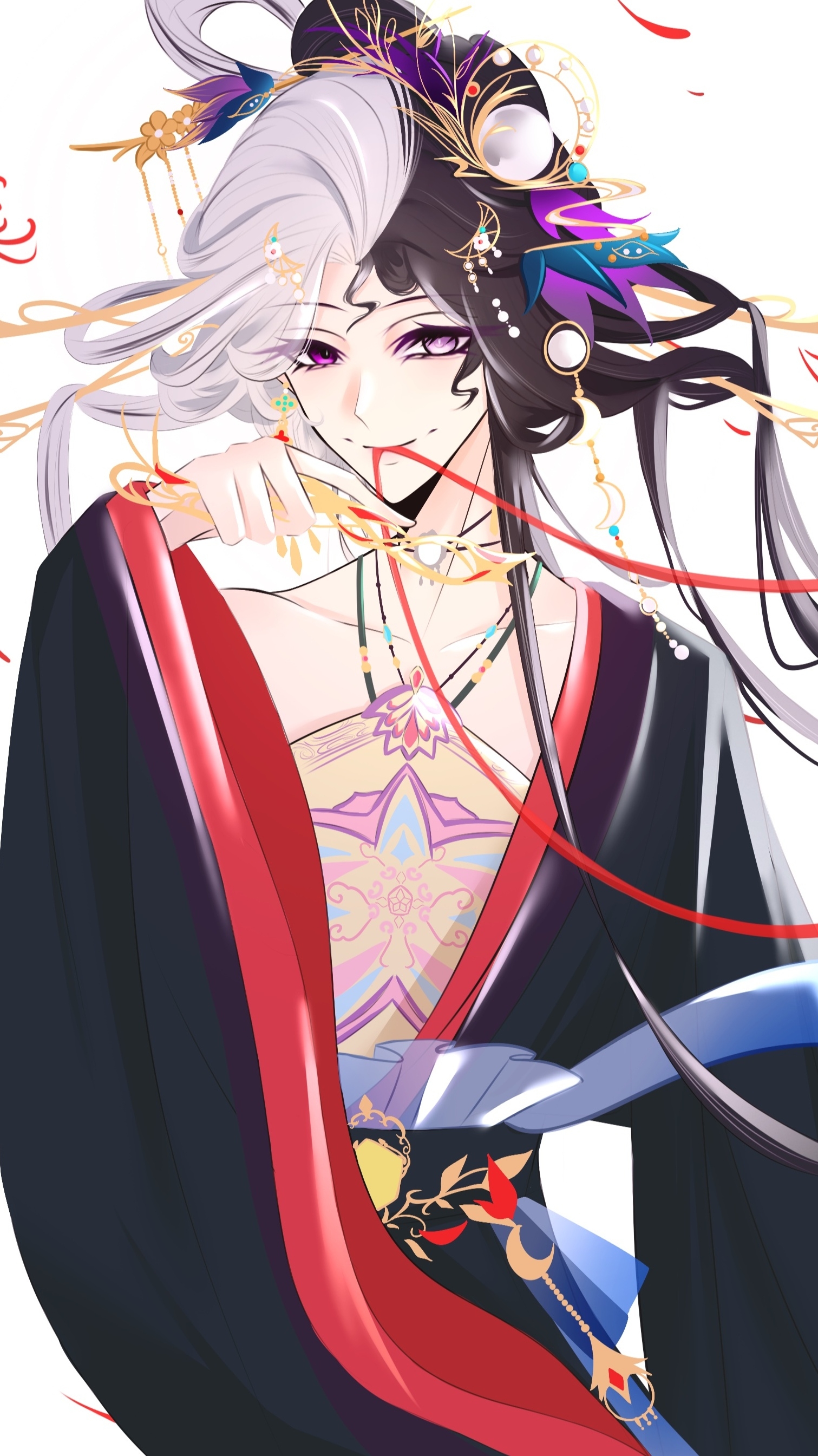 infinity nikki, nikki (series), absurdres, chinese commentary, commentary request, highres, 1girl, beads, black hair, black robe, bow-shaped hair, bright pupils, chinese clothes, chinese hairpin, closed mouth, collarbone, cowboy shot, crescent, crescent hair ornament, dress, eyelashes, feather hair ornament, feathers, hair beads, hair ornament, hair rings, hairpin, happy, heterochromia, holding, jewelry, long sidelocks, long sleeves, looking at viewer, mismatched pupils, multicolored hair, multiple hairpins, necklace, pink eyes, purple eyes, robe, sidelocks, simple background, single bare shoulder, smile, solo, split-color hair, standing, strapless, strapless dress, tsurime, tuantuan zai ban lan, two-tone hair, where wanxiang weaves (infinity nikki), white background, white hair, white pupils, wide sleeves, yellow dress