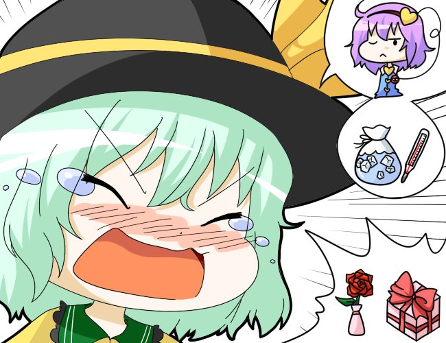kuzugitsune (inarikami), komeiji koishi, komeiji satori, touhou, bad id, bad pixiv id, 2girls, :<, blush, chibi, closed eyes, comic, crying, emphasis lines, female focus, flower, gift, green hair, hairband, hat, heart, ice, multiple girls, nose blush, one eye closed, purple hair, red flower, red rose, rose, short hair, silent comic, speech bubble, spoken character, spoken object, tears, thermometer, white background, wink