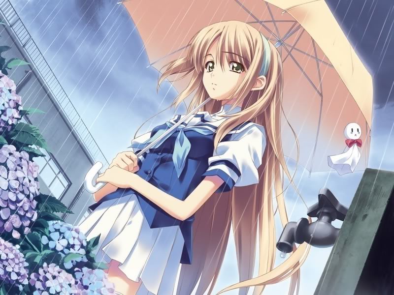 kusukusu, nonosaki akiho, moshimo ashita ga hare naraba, game cg, 1girl, blonde hair, faucet, female focus, flower, hairband, hydrangea, long hair, one side up, rain, school uniform, solo, teruterubouzu, umbrella, yellow eyes