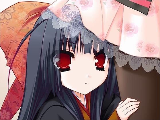 nue (tayutama), tayutama, 00s, antenna hair, black hair, hair ribbon, hime cut, japanese clothes, kimono, long hair, red eyes, ribbon, very long hair