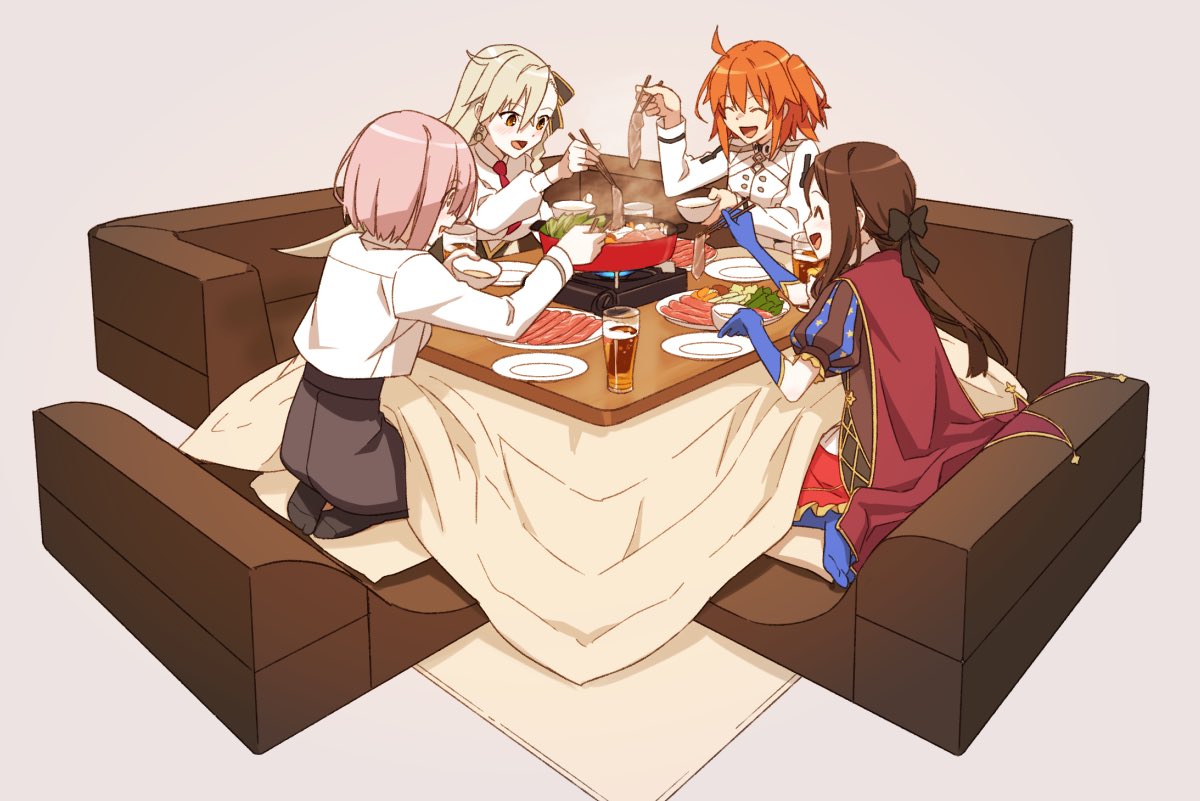 decoponmagi, fujimaru ritsuka (female), leonardo da vinci (fate), leonardo da vinci (fate/grand order), leonardo da vinci (rider) (fate), mash kyrielight, olga marie animusphere, olga marie animusphere (unbeast), fate/grand order, fate (series), commentary request, 4girls, ahoge, black ribbon, brown hair, chopsticks, closed eyes, food, grey hair, hair between eyes, hair ribbon, long hair, mash kyrielight (chaldea uniform), multiple girls, open mouth, orange hair, pink hair, profile, ribbon, short hair, side ponytail, sitting, smile, table