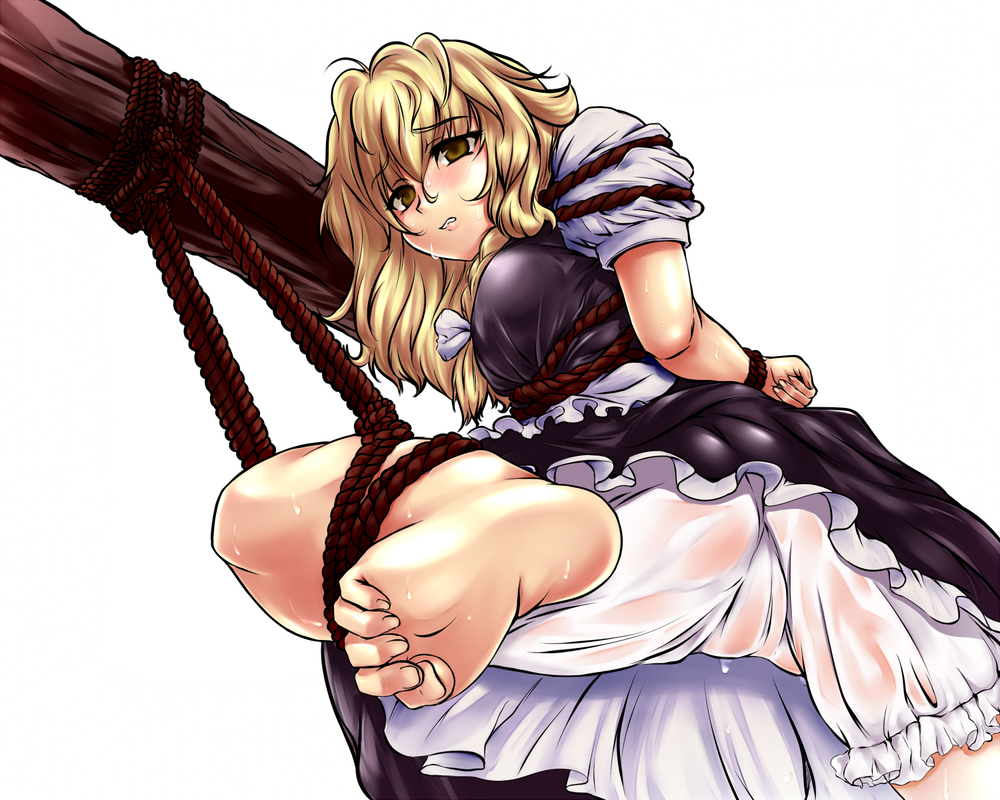 copycat (homura), kirisame marisa, team shanghai alice, touhou, bad id, bad pixiv id, 1girl, barefoot, bdsm, blonde hair, bondage, bound, braid, cameltoe, feet, female focus, foot focus, humiliation, leg lift, long hair, restrained, rope, see-through clothes, soles, solo, sweat, tears, toe scrunch, toes, wet, wet clothes, yellow eyes