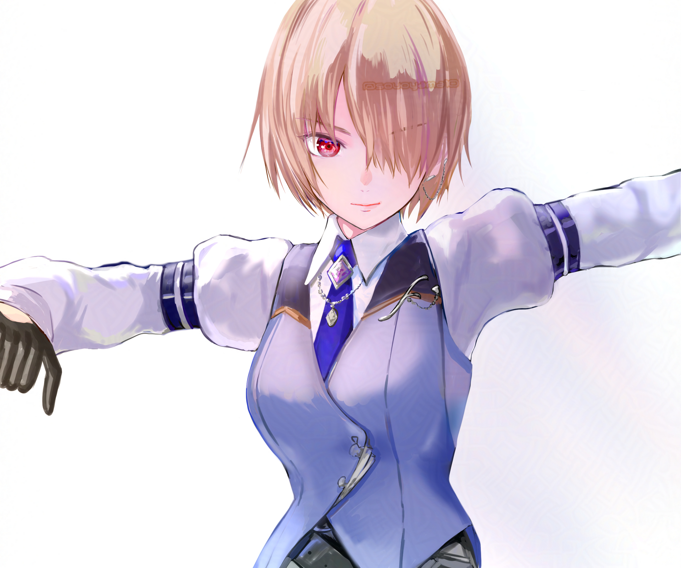 oyama sou, kayamori ruka, heaven burns red, commentary request, highres, >:), 1girl, alternate costume, black gloves, blonde hair, blue necktie, blue vest, breasts, closed mouth, collared shirt, earclip, gloves, hair over one eye, jewelry, juliet sleeves, lips, long bangs, long sleeves, looking at viewer, medium breasts, necklace, necktie, one eye covered, outstretched arms, puffy sleeves, red eyes, shirt, short hair, simple background, smile, solo, twitter username, upper body, v-shaped eyebrows, vest, white background, white shirt