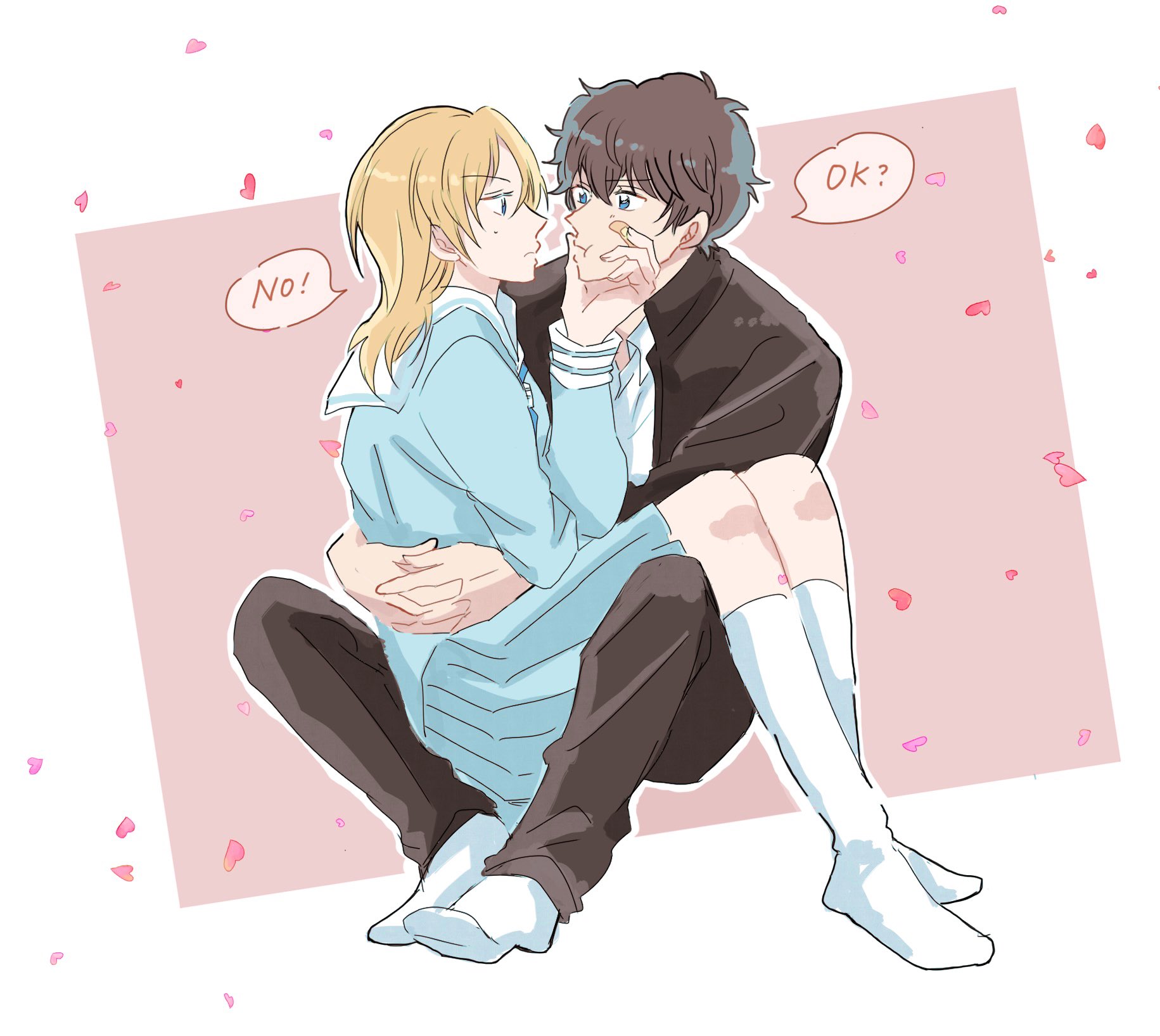 beeemaru02, hagiwara chihaya, matsuda jinpei, meitantei conan, commentary request, highres, 1boy, 1girl, bandaid, bandaid on face, blonde hair, blue eyes, falling petals, full body, petals, school uniform, sitting, sitting on lap, sitting on person, socks, white socks