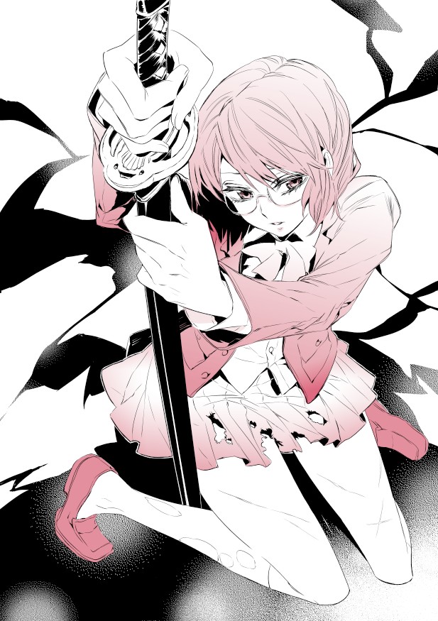 beepaint, sonohara anri, durarara!!, 1girl, bob cut, female focus, full body, glasses, kneeling, monochrome, pleated skirt, school uniform, short hair, skirt, solo, sword, torn clothes, weapon