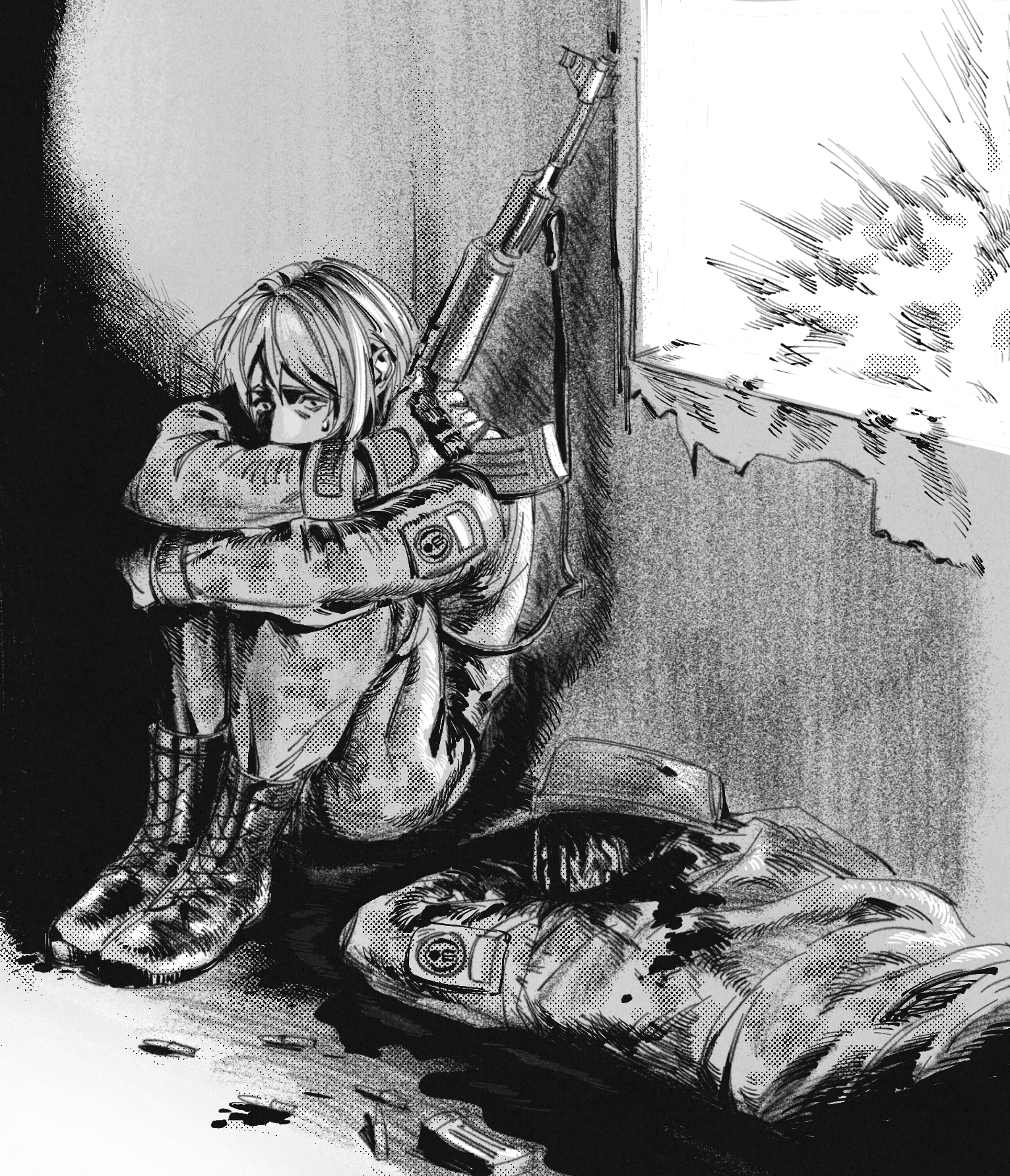 sweetrinaxd, kenneth del duca, original, postal (game), commission, commissioner upload, highres, non-web source, 1boy, 1other, ak-47, assault rifle, battle of bucha, blood, boots, camouflage, camouflage jacket, camouflage pants, corpse, death, explosion, full body, greyscale, gun, hat, hiding, holding, holding weapon, hugging object, hugging own legs, international legion of ukraine, jacket, kalashnikov rifle, lace-up boots, long hair, long sleeves, lying, male focus, monochrome, nervous sweating, on stomach, pants, peaked cap, pool of blood, rifle, russo-ukrainian war, scared, sitting, soldier, sweat, weapon, wide-eyed, window, writing