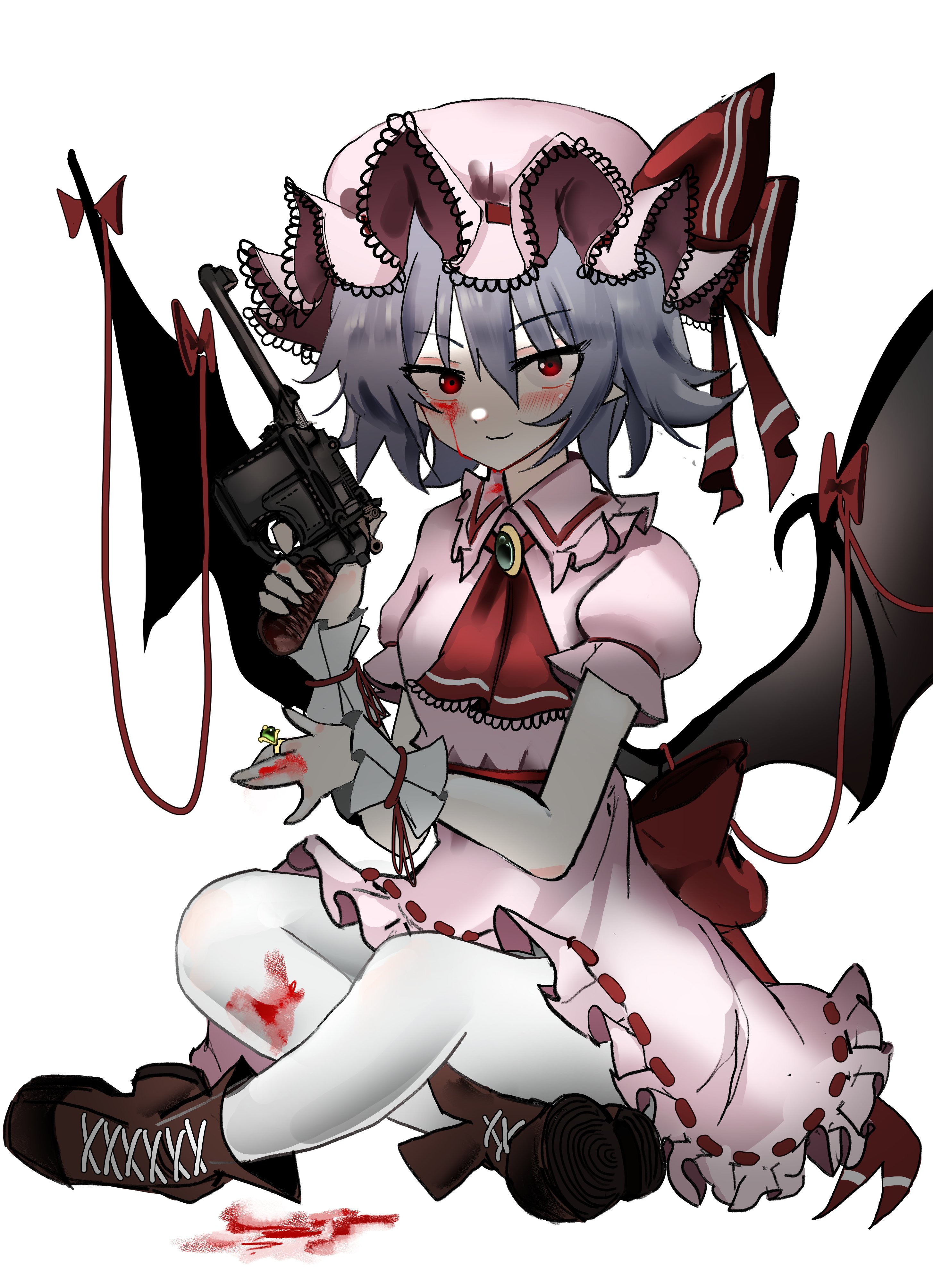 ougiikun, remilia scarlet, touhou, absurdres, commentary, english commentary, highres, 1girl, ascot, bat wings, blood, blood on face, blue hair, blush, bow, brooch, gun, hair between eyes, handgun, hat, hat ribbon, holding, holding gun, holding weapon, jewelry, looking at viewer, mauser c96, mob cap, pantyhose, pink hat, pink shirt, pink skirt, puffy short sleeves, puffy sleeves, red ascot, red bow, red eyes, red ribbon, ribbon, shirt, shoes, short hair, short sleeves, simple background, sitting, skirt, skirt set, solo, weapon, white background, white pantyhose, wings, wrist cuffs