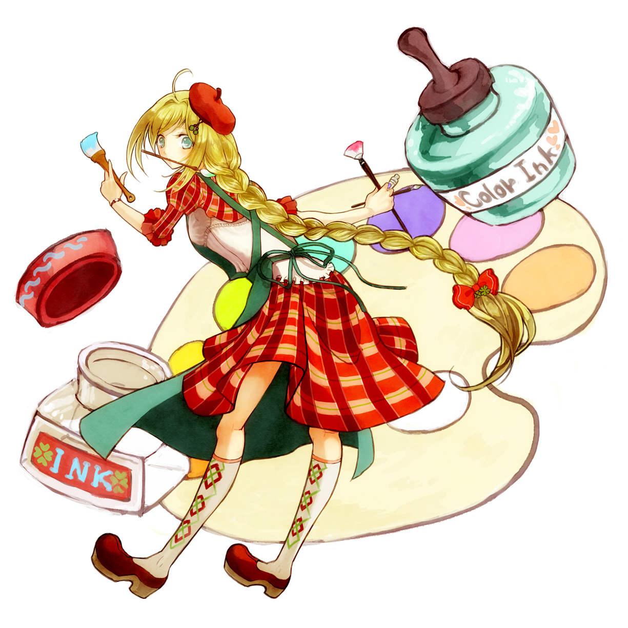 souya touki, oekaki musume, original, bad id, bad pixiv id, highres, ahoge, apron, aqua eyes, art brush, beret, blonde hair, from behind, hat, ink, kneehighs, long hair, mouth hold, paint, paint palette, paintbrush, ponytail, ribbon, socks, solo, trim brush, very long hair