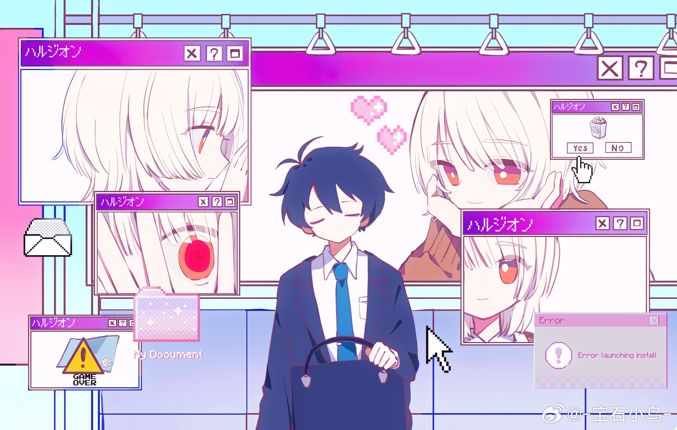 akinashi haru, tatsunami shion, saihate eki, hashtag-only commentary, highres, 2boys, bag, baoshi xiao niao, blue hair, blue necktie, closed eyes, cursor, error message, folder, formal clothes, game over, heart, holding, holding bag, multiple boys, multiple views, necktie, pixel heart, red eyes, short hair, suit, train interior, trash can, vaporwave, white hair, window (computing)