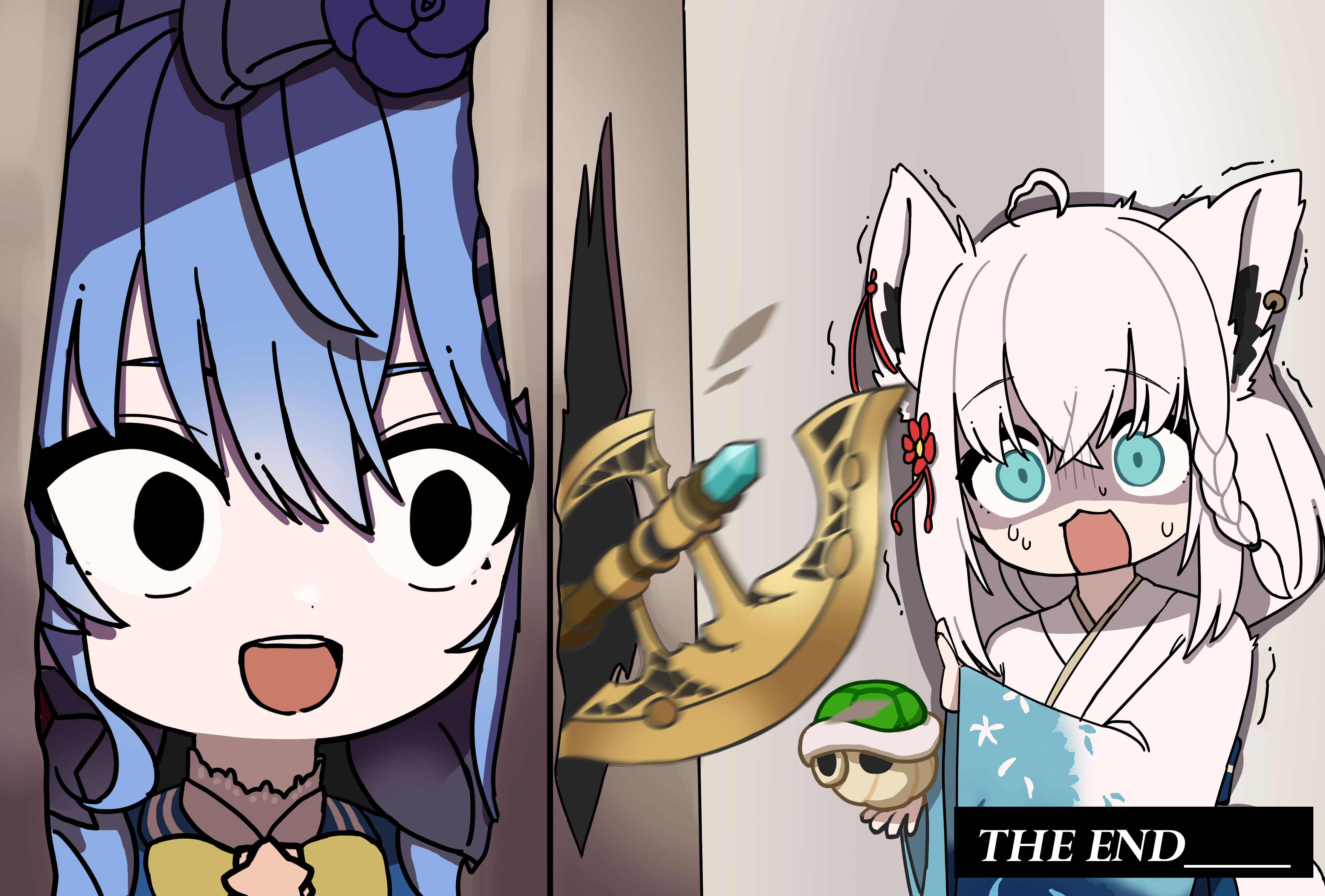 yume tiem, hoshimachi suisei, shirakami fubuki, hololive, the shining, absurdres, highres, 2girls, axe, breaking, breaking through wall, broken door, crazy smile, here's johnny! (meme), hole in wall, matching outfits, meme, multiple girls, parody, scared, scene reference, screaming, smile, virtual youtuber