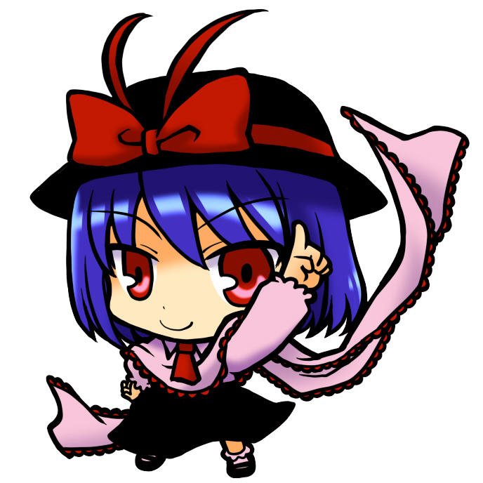 socha, nagae iku, saturday night fever, touhou, 1girl, blue hair, chibi, female focus, full body, hand on own hip, hat, pac-man eyes, red eyes, ribbon, short hair, simple background, solo, white background