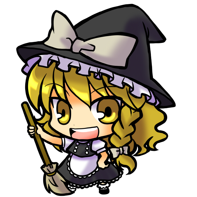 socha, kirisame marisa, touhou, 1girl, blonde hair, braid, broom, chibi, female focus, full body, hat, pac-man eyes, simple background, solo, white background, witch, witch hat, yellow eyes