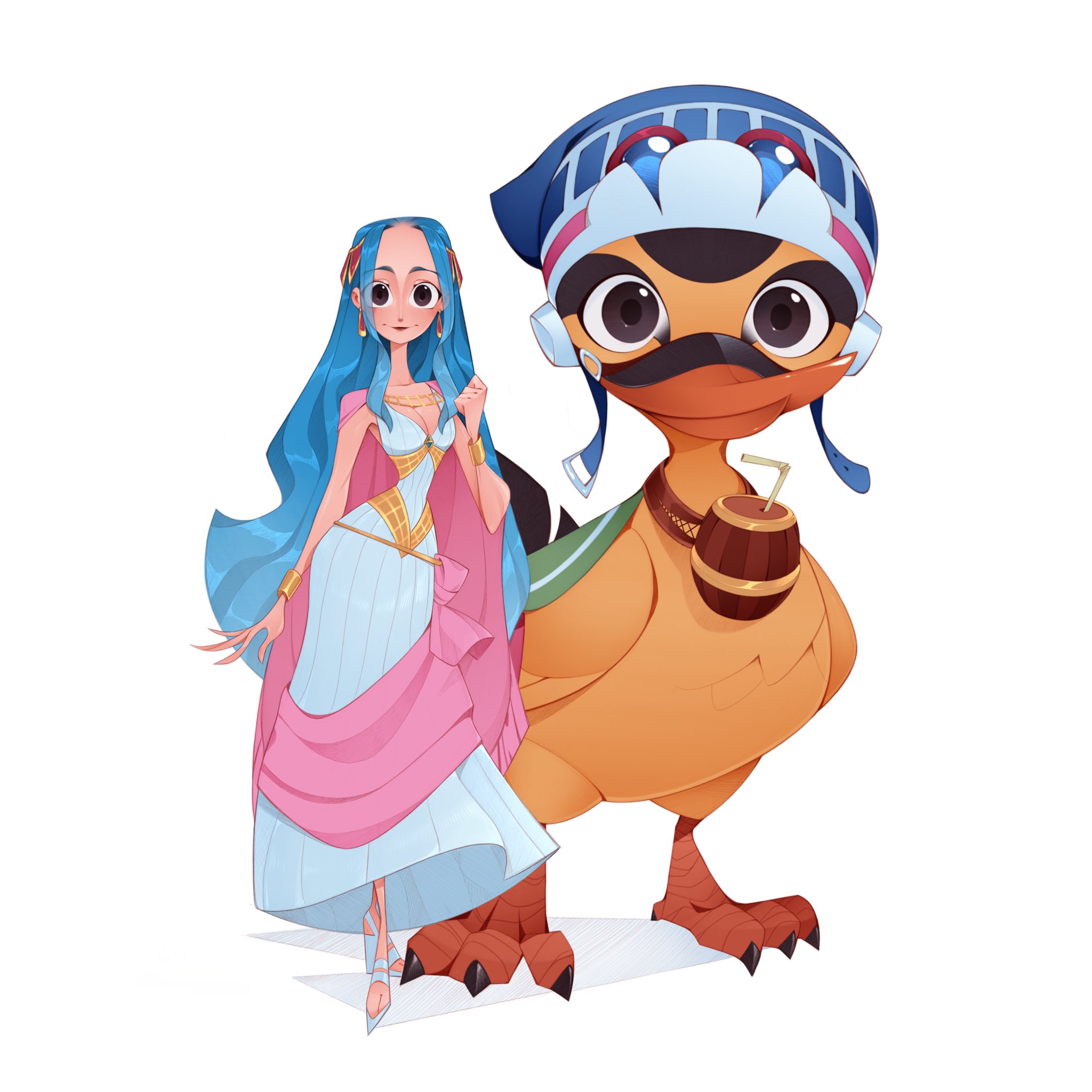 bluelemondraws, karoo (one piece), nefertari vivi, one piece, commentary, highres, 1girl, bird, blue hair, brown eyes, dress, drinking straw, duck, earrings, full body, jewelry, long hair, looking at viewer, shoes, sidelocks, simple background, smile, white background, white shoes
