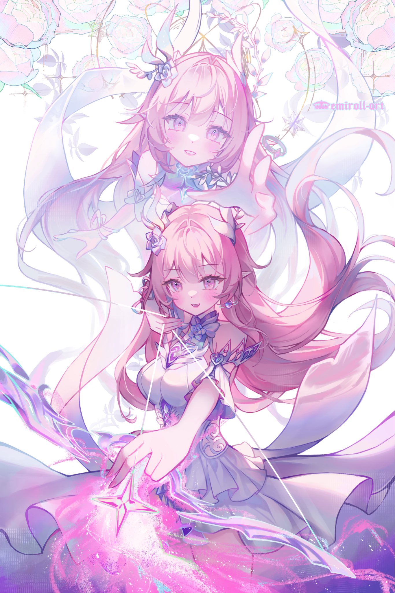 emiroll art, cyrene (demiurge) (honkai: star rail), cyrene (honkai: star rail), honkai: star rail, honkai (series), commentary, english commentary, highres, 1girl, aiming, arrow (projectile), artist name, bow (weapon), breasts, diamond-shaped pupils, diamond (shape), dress, earrings, flower, hair flower, hair ornament, holding, holding arrow, holding bow (weapon), holding weapon, jewelry, large breasts, long hair, multiple views, pink hair, purple eyes, reaching, reaching towards viewer, smile, symbol-shaped pupils, very long hair, weapon, white dress