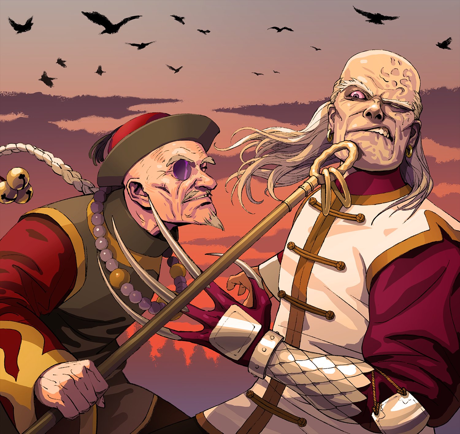 nobutaka hanya, shadow hearts, character request, commentary request, highres, 2boys, bead necklace, beads, beard, bird, braid, clawed gauntlets, crow, earrings, facial hair, holding, holding weapon, jewelry, monocle, multiple boys, necklace, old, old man, penny blood, single braid, tree, weapon