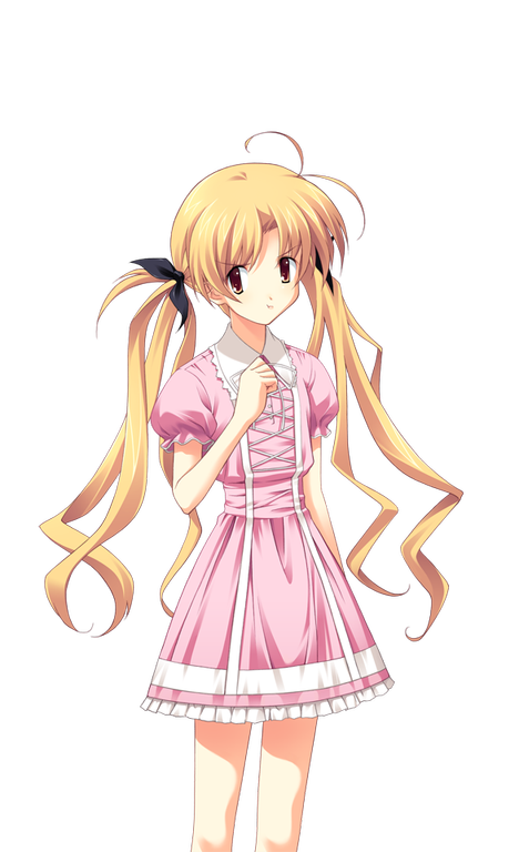matsuo yukihiro, orihara kozue, chaos;head, science adventure, game cg, non-web source, official art, 1girl, antenna hair, black bow, blazer, blonde hair, bow, breasts, brown eyes, collared dress, dress, hair bow, hand on own chest, jacket, lolita fashion, looking at viewer, petticoat, pink dress, pout, puffy short sleeves, puffy sleeves, short sleeves, small breasts, solo, sprite, transparent background, twintails, white trim