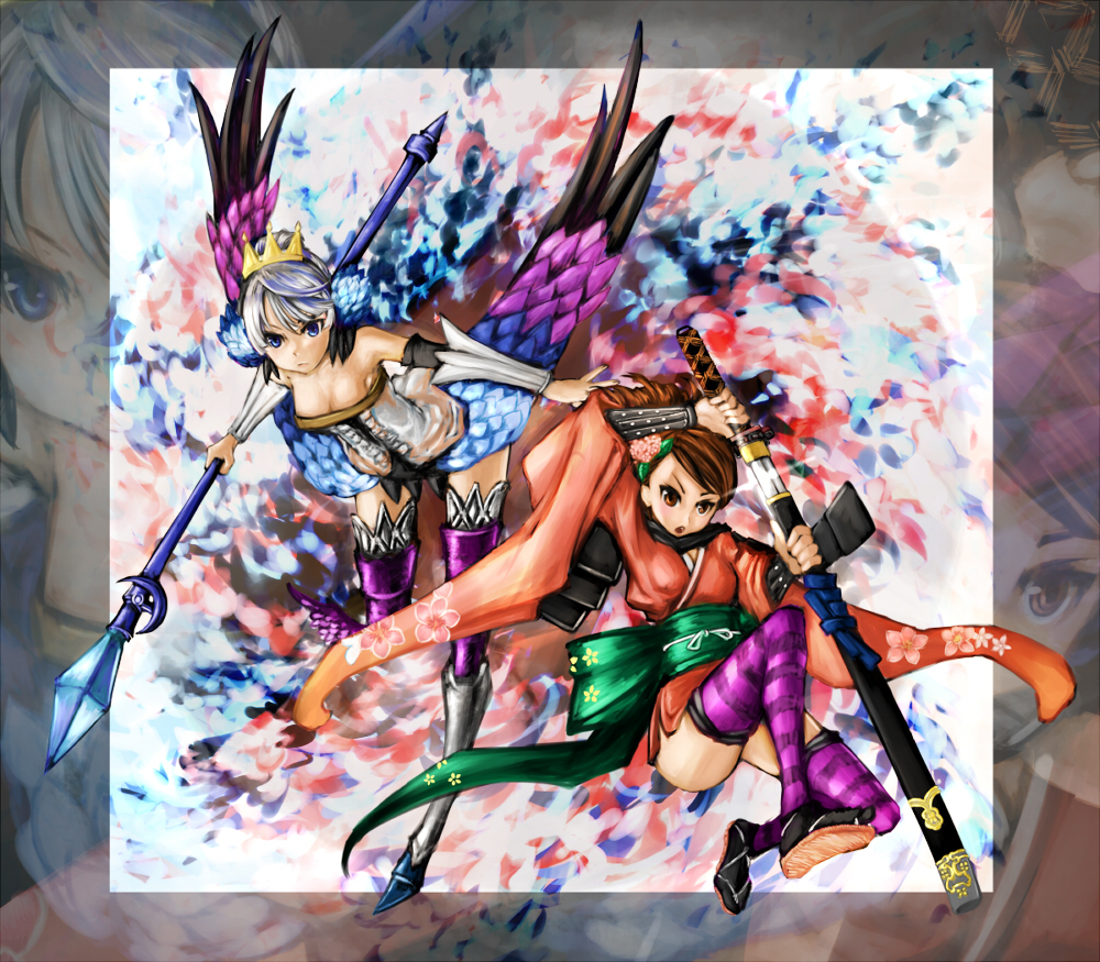 eiji (eiji), gwendolyn (odin sphere), momohime, oboro muramasa, odin sphere, silver hair, 2girls, armor, armored dress, bare shoulders, blue eyes, breasts, brown eyes, brown hair, cleavage, company connection, crossover, dress, feathers, flower, hair flower, hair ornament, japanese clothes, katana, kimono, medium breasts, multiple girls, polearm, sandals, sheath, sheathed, short kimono, spear, strapless, strapless dress, sword, thighhighs, unsheathing, weapon, zoom layer