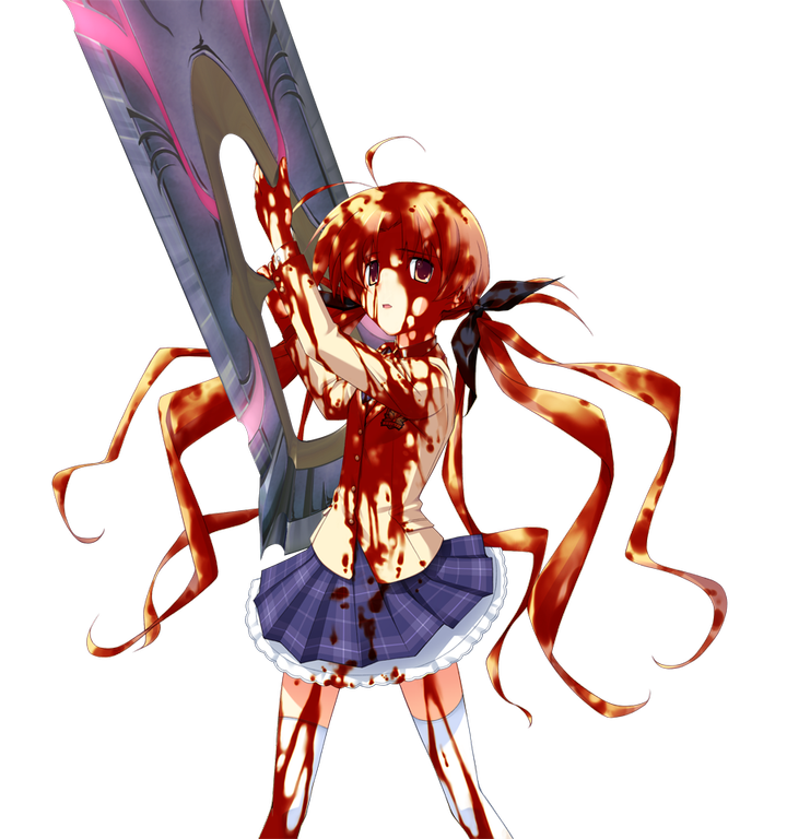 matsuo yukihiro, orihara kozue, chaos;head, science adventure, game cg, non-web source, official art, 1girl, antenna hair, arms up, black bow, blazer, blonde hair, blood, blood in hair, blood on clothes, blood on face, blood on hands, blood on leg, blood splatter, bow, bowtie, breasts, brown eyes, brown jacket, collared shirt, d-sword, dress shirt, frown, glowing, glowing sword, glowing weapon, hair bow, hands up, holding, holding sword, holding weapon, huge weapon, imminent attack, jacket, looking at viewer, miniskirt, open mouth, petticoat, plaid bow, plaid bowtie, plaid clothes, plaid skirt, purple bow, purple bowtie, sad, school uniform, shirt, skirt, small breasts, solo, sprite, suimei academy school uniform, sword, thighhighs, transparent background, twintails, weapon, white shirt, white thighhighs, winter uniform, zettai ryouiki