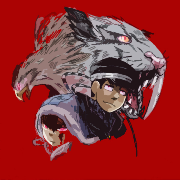 chihaya (koukoku no shugosha), yaralt the hawk, yurul, koukoku no shugosha, shut hell, tagme, bird, eagle, simple background, tiger