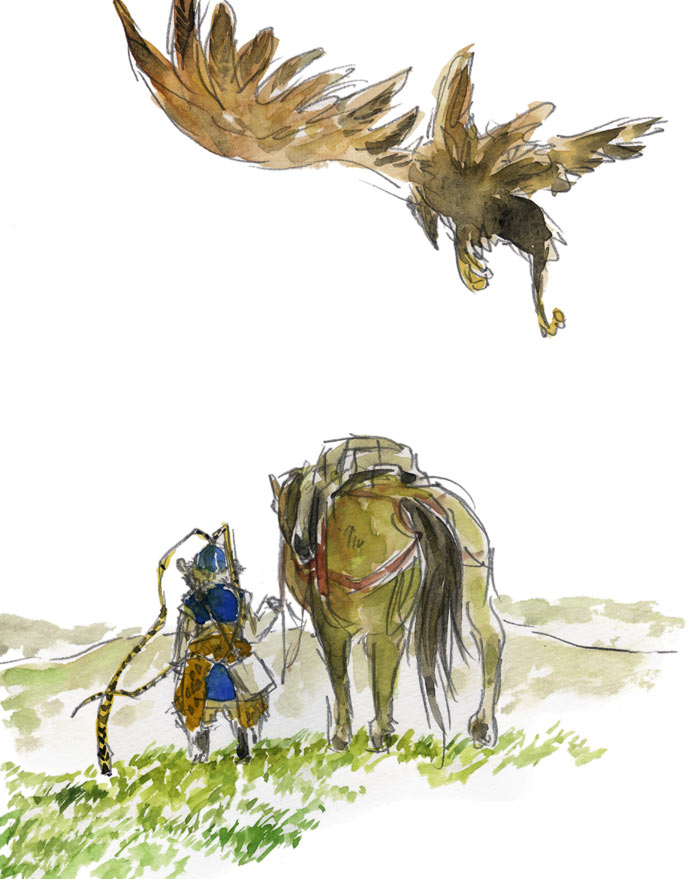 yaralt the hawk, yurul, shut hell, tagme, bird, eagle, field, grass, horse, mountain