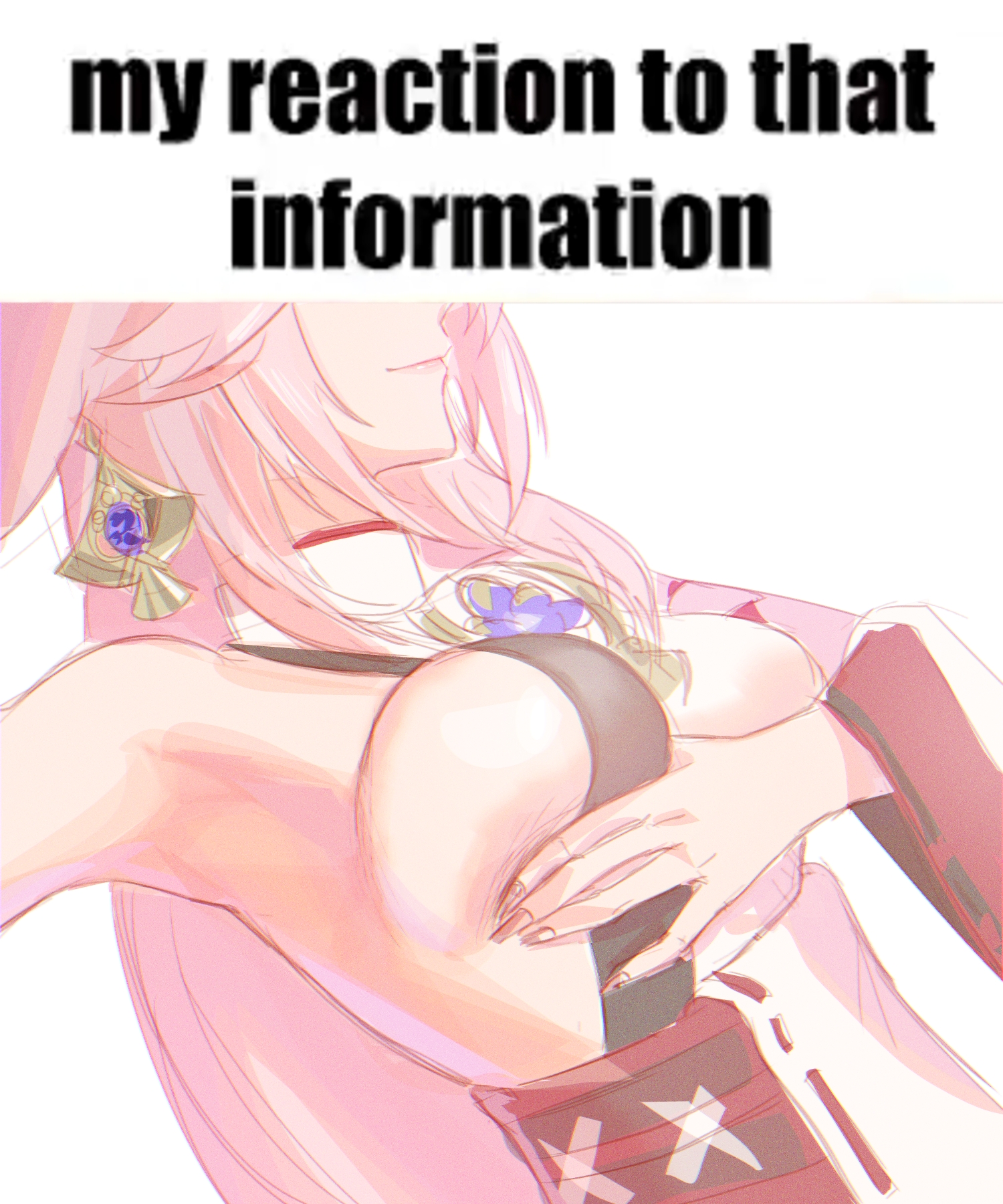 gnarlypzofbread, yae miko, genshin impact, commentary, highres, photo-referenced, 1girl, animal ears, armpits, breasts, closed mouth, detached sleeves, earrings, eyes out of frame, fox ears, fox girl, grabbing own breast, head out of frame, japanese clothes, jewelry, large breasts, long hair, meme, my reaction to that information (meme), nontraditional miko, parody, pink hair, ribbon-trimmed sleeves, ribbon trim, sideboob, simple background, solo, upper body, very long hair, white background