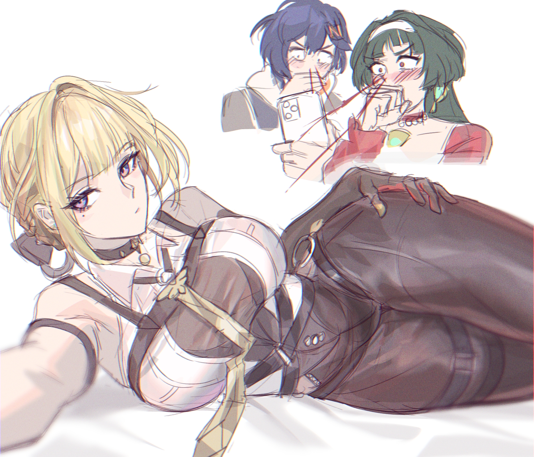 gnarlypzofbread, astra yao, belle (zenless zone zero), evelyn chevalier, zenless zone zero, commentary, highres, 3girls, black gloves, black pants, blonde hair, blood, blue hair, blush, breasts, cellphone, closed mouth, earrings, gloves, green hair, hairband, high-waist pants, holding, holding phone, jewelry, large breasts, long hair, multiple girls, necklace, nosebleed, pants, pearl necklace, phone, purple eyes, shirt, short hair, smartphone, tight clothes, tight pants, white background, white hairband, white shirt, yuri