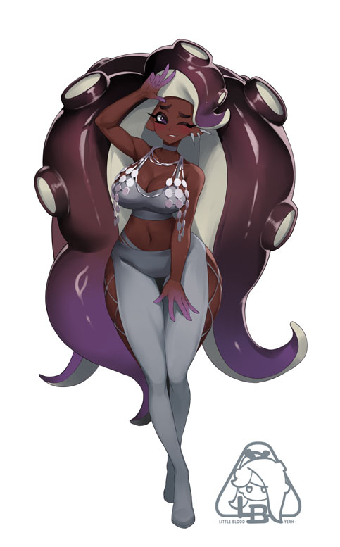 little blood, marina (splatoon), splatoon (series), splatoon 2, 1girl, breasts, dark-skinned female, dark skin, large breasts, tentacle hair