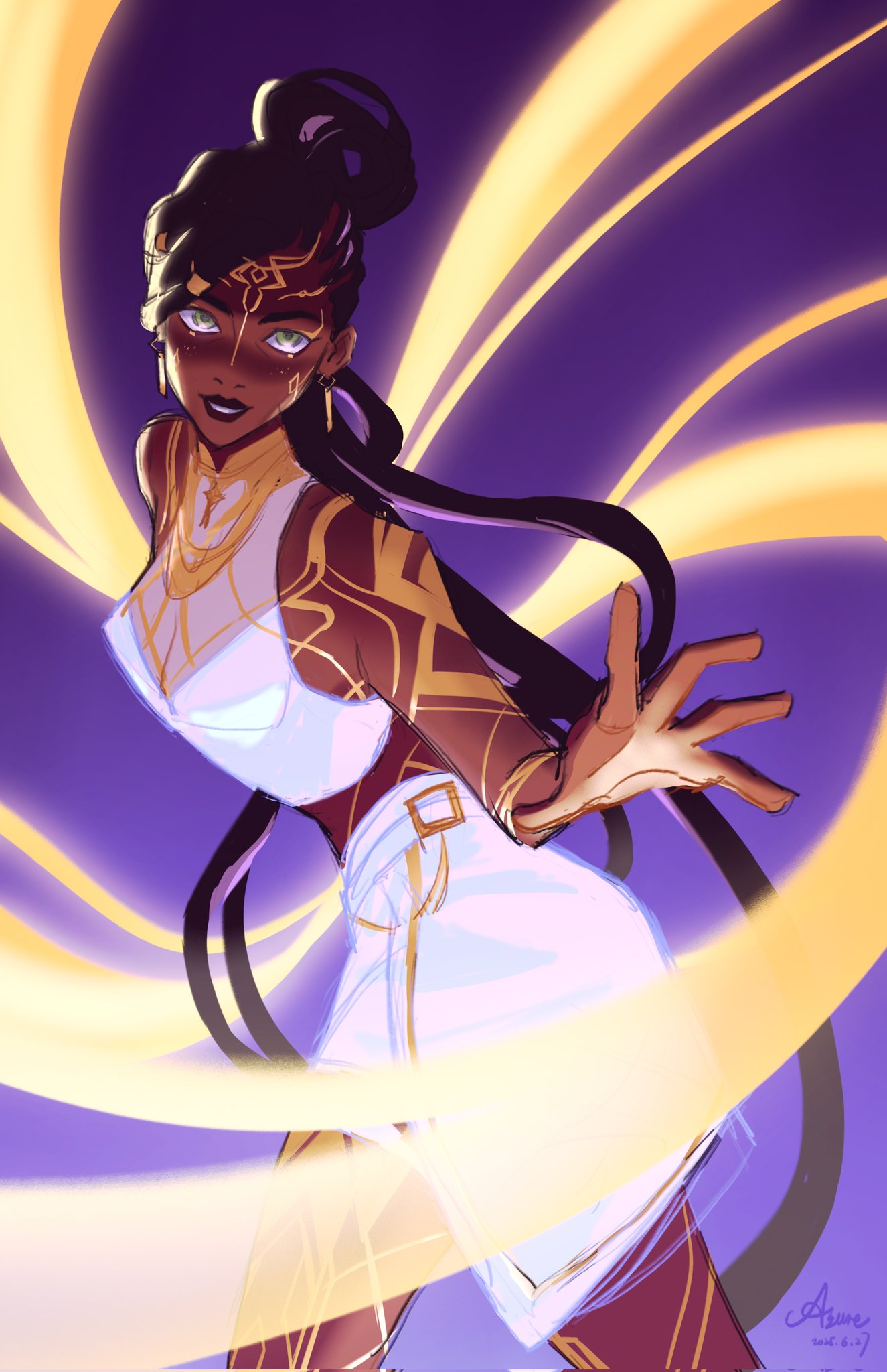 mel (league of legends), rumi (kpop demon hunters), arcane: league of legends, kpop demon hunters, league of legends, commentary, english commentary, highres, unfinished, 1girl, alternate costume, alternate universe, arm up, artist name, bare shoulders, brown hair, colored veins, cosplay, crop top, crossover, dark-skinned female, dark skin, daydooodles, dreadlocks, earrings, glitter, glitter makeup, glowing, gold tattoo, green eyes, hair up, head tilt, high ponytail, idol, jewelry, leaning to the side, looking at viewer, necklace, parted lips, ponytail, powering up, purple background, purple lips, reaching, reaching towards viewer, rumi (kpop demon hunters) (cosplay), signature, skirt, sleeveless, solo, standing, teeth, thighs, upper body, very dark skin, white skirt