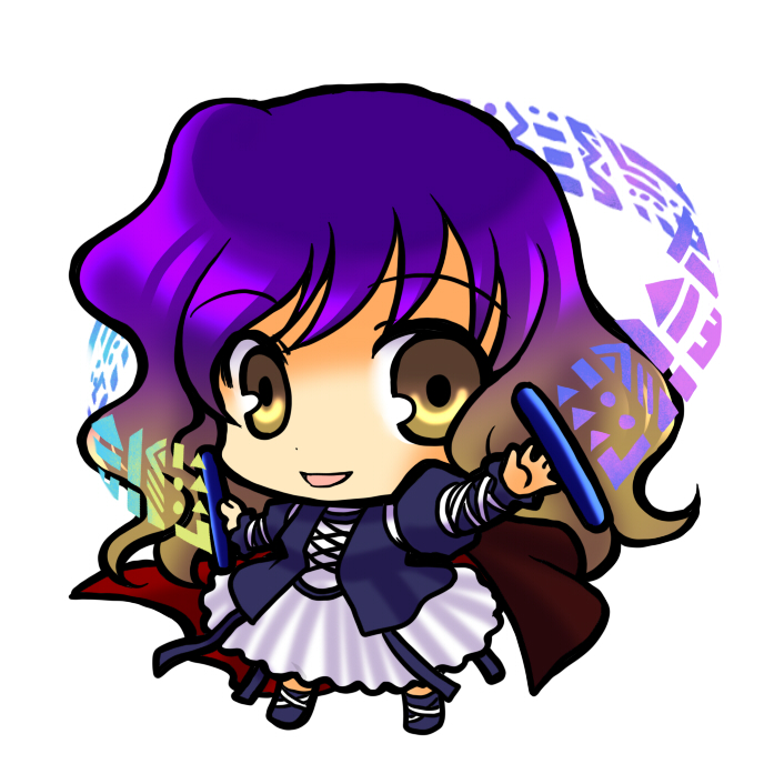 socha, hijiri byakuren, touhou, 1girl, brown hair, chibi, dress, female focus, gradient hair, long hair, multicolored hair, purple hair, scroll, simple background, solo, sorcerer's sutra scroll, yellow eyes