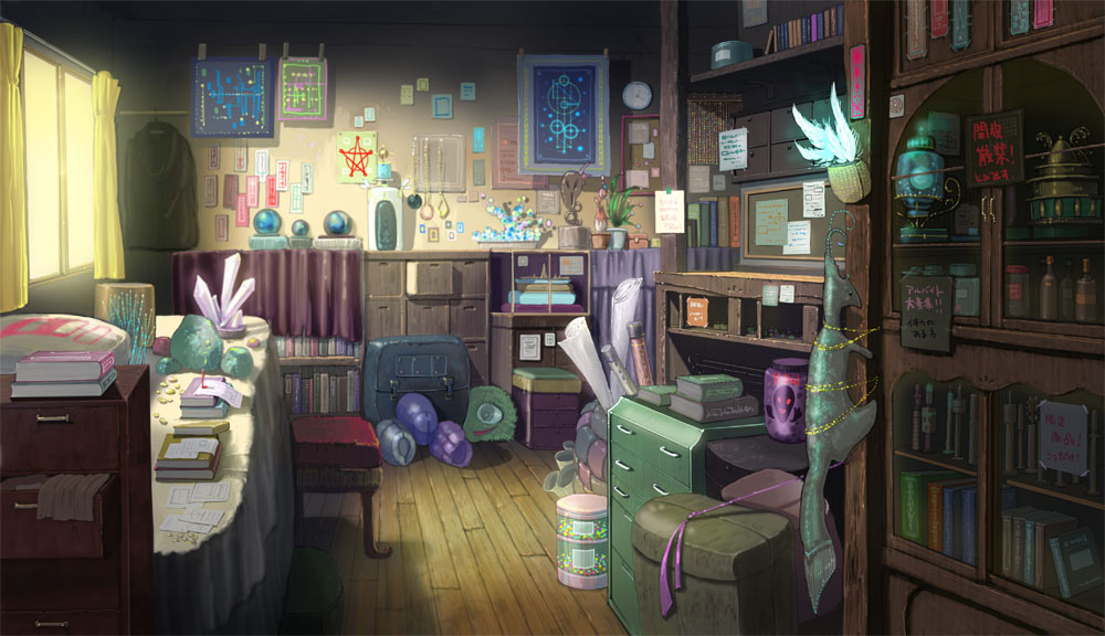 a i u e oekaki, pixiv fantasia, pixiv fantasia 4, bad id, bad pixiv id, alchemy, book, bookshelf, crystal, glowing, indoors, no humans, room, roomscape, scenery, still life, wooden floor